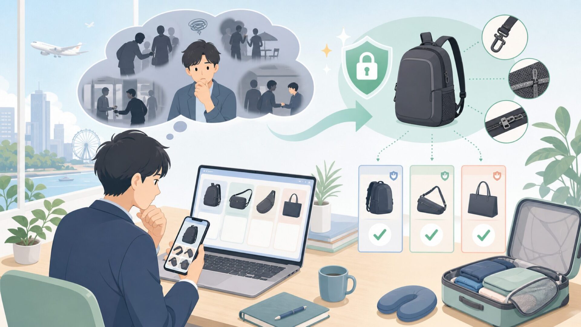 海外旅行の盗難リスクとPacsafeの対応力を表すイラスト