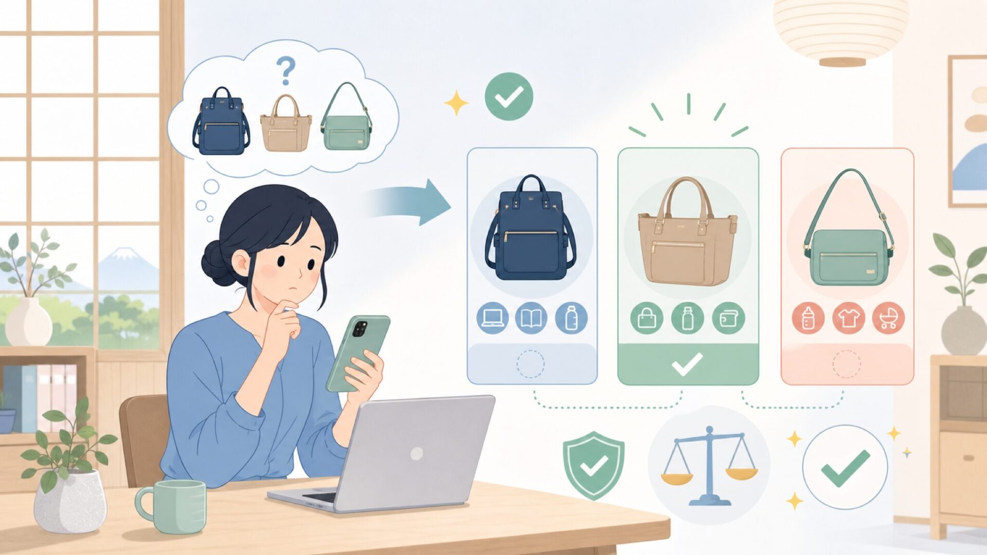 【タイプ別早見表】用途で選ぶanello GRANDE——あなたに合う一本の見つけ方を表すイラスト