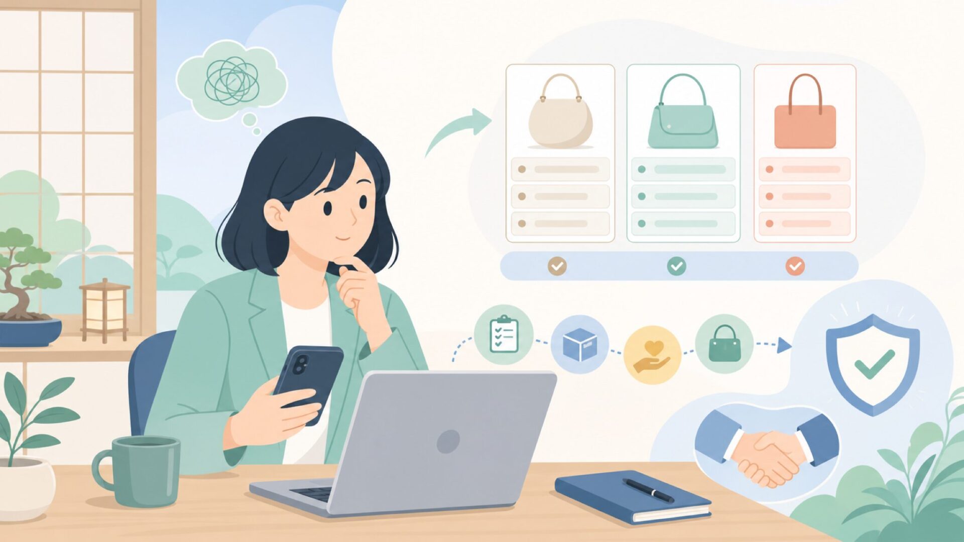 FOLNUAの購入経路・価格帯の比較と申込ステップを表すイラスト