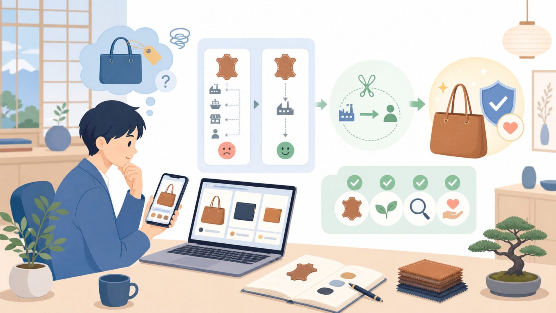 本革なのに低価格を実現できる理由を表すイラスト