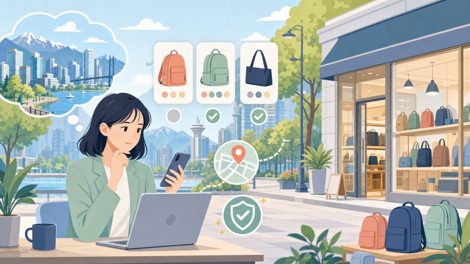 発祥地バンクーバーにあるHerschelの直営店を表すイラスト