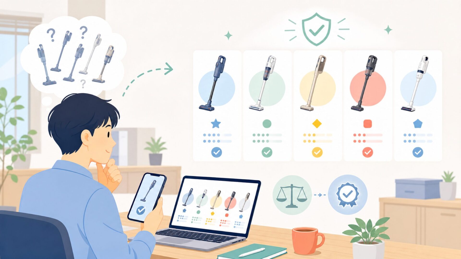 同価格帯のコードレス掃除機と徹底比較を表すイラスト