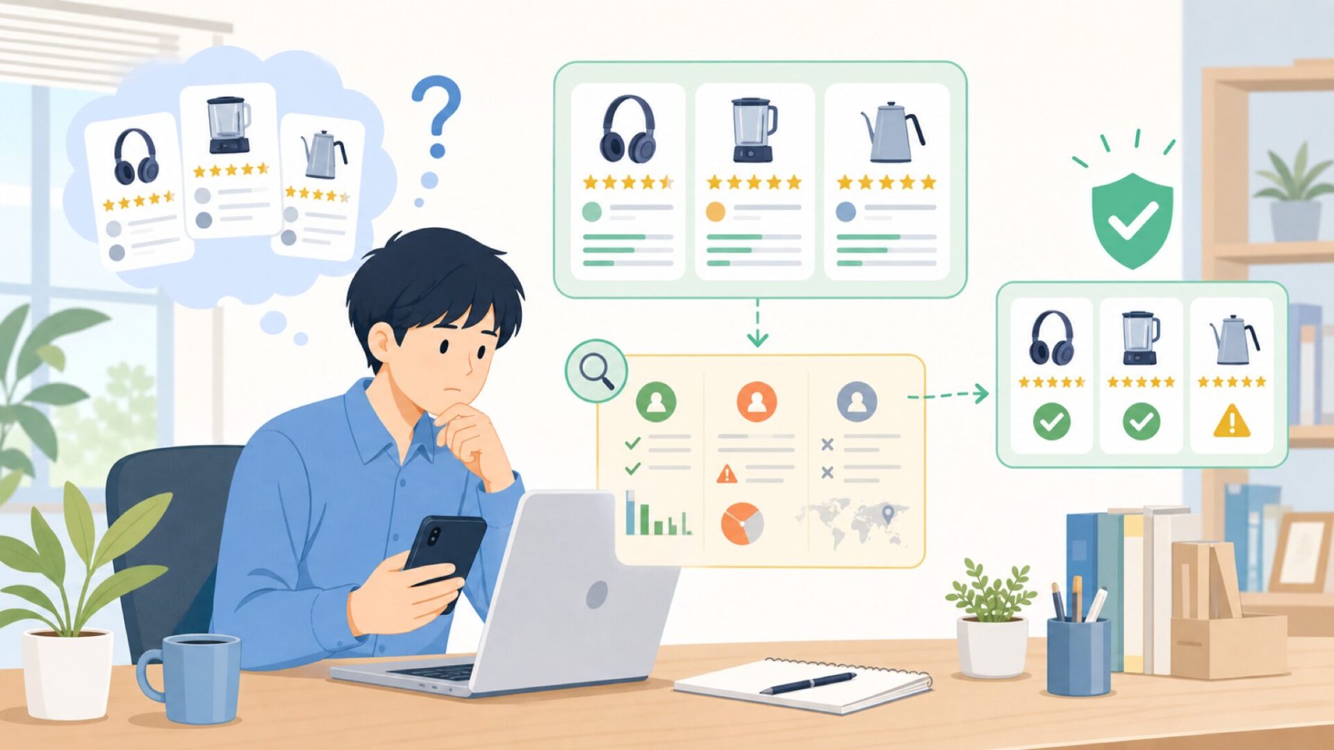 「高評価レビューは本物？」サクラ疑惑とレビューの見極め方を表すイラスト
