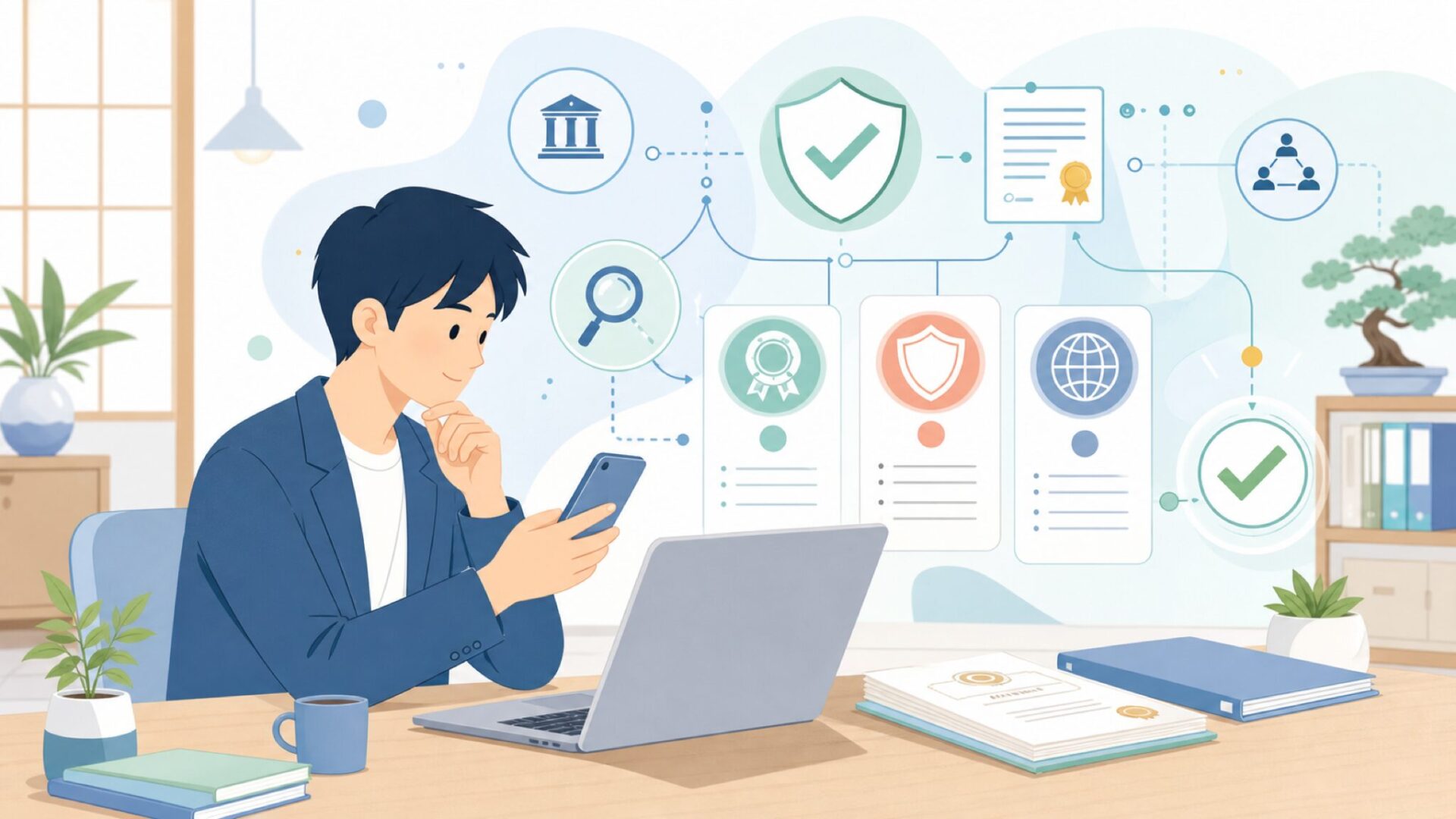 RUIMENが取得している国際認証と企業の信頼性を表すイラスト
