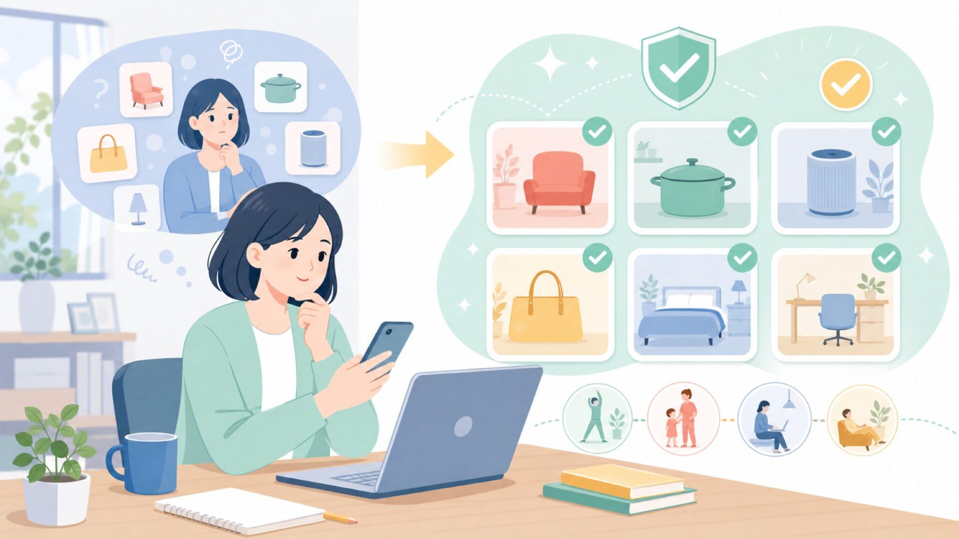 製品ラインアップ — 生活スタイルに合わせた幅広い選択肢を表すイラスト