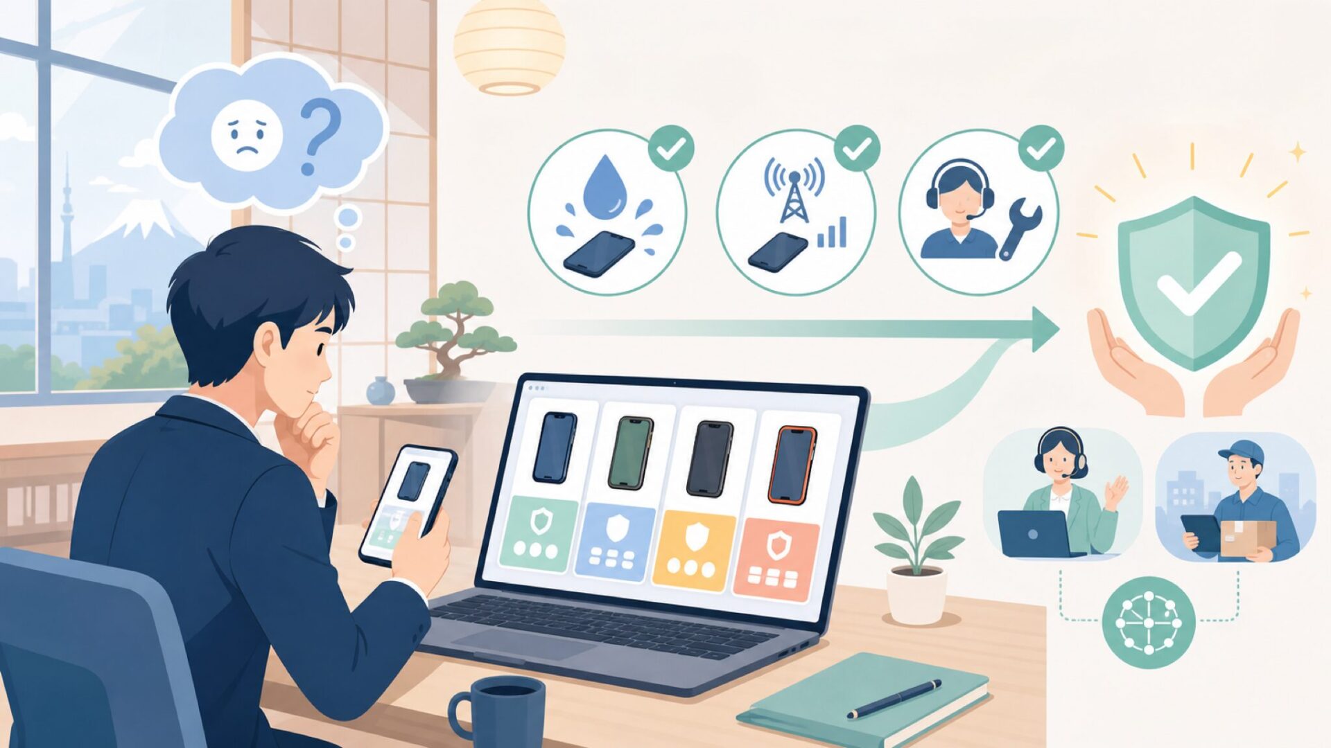 日本でAGM端末を使う際に確認すべき4つのポイントを表すイラスト