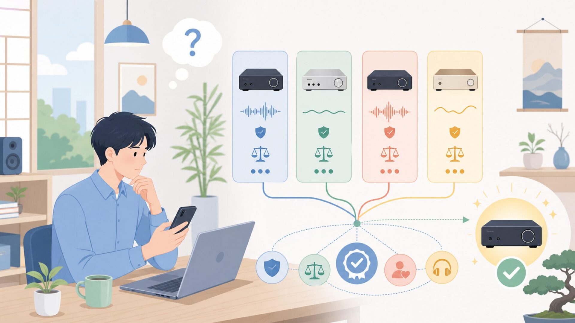 同じ中華ブランドとの違い——SMSL・Sabaj・FX-AUDIOとの比較を表すイラスト