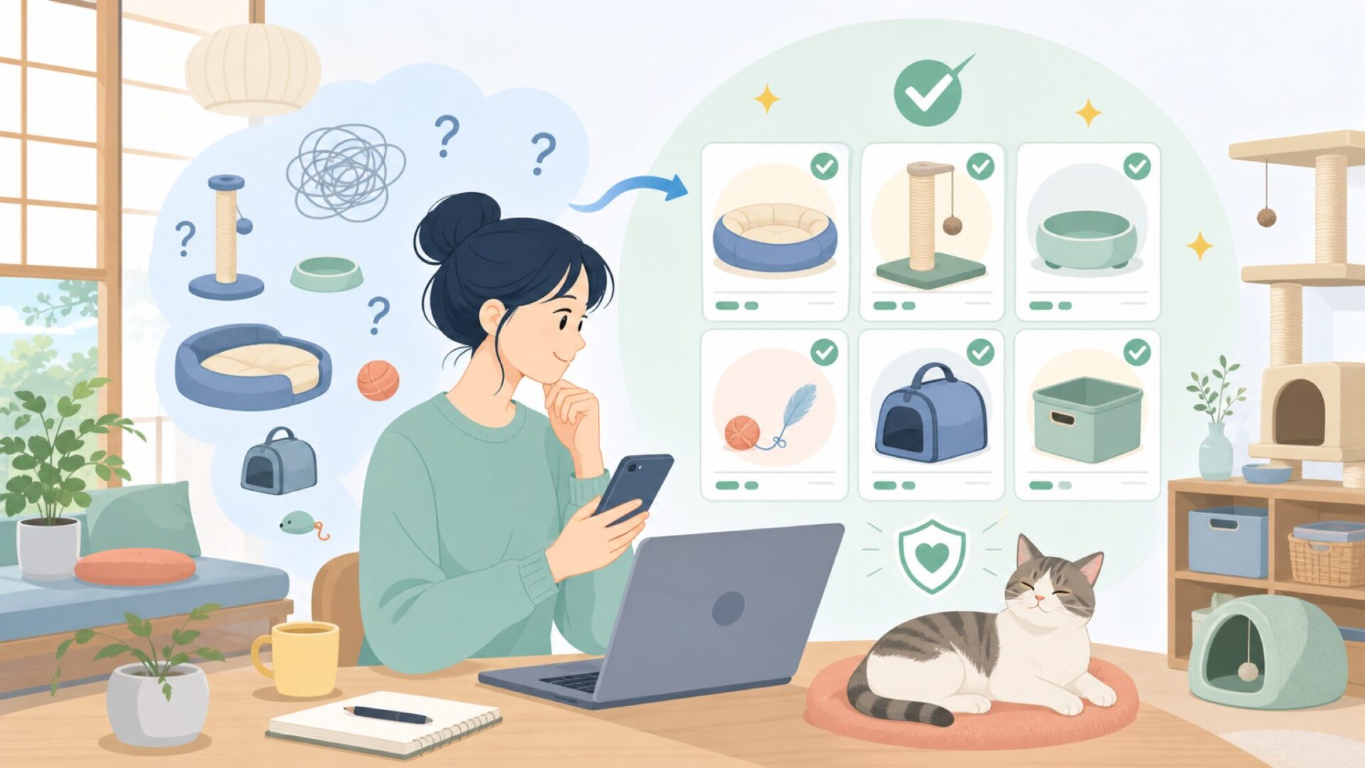 猫との暮らしをデザインするTRIXIEの猫用品を表すイラスト