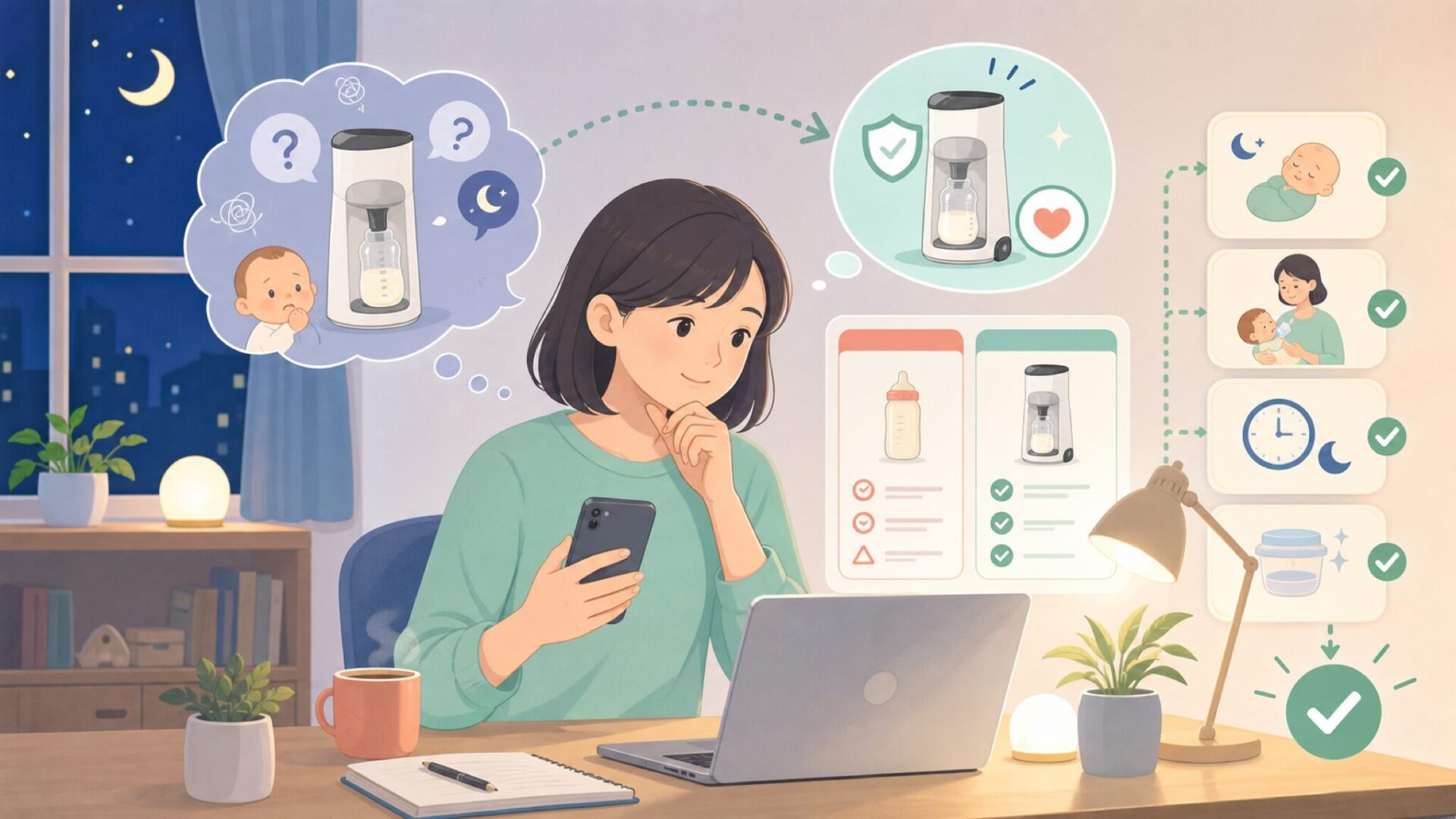 高額投資を後悔しない——Baby Brezzaが夜間授乳を変える理由を表すイラスト