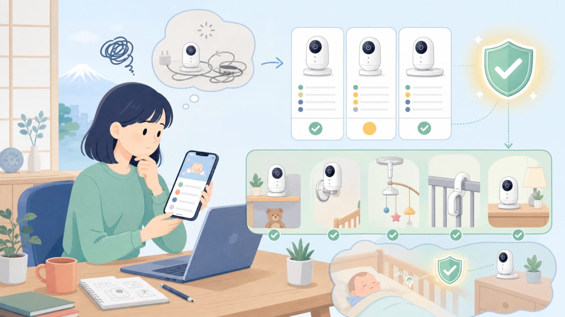 Lollipop Baby Monitorの機能と設置の自由度を表すイラスト