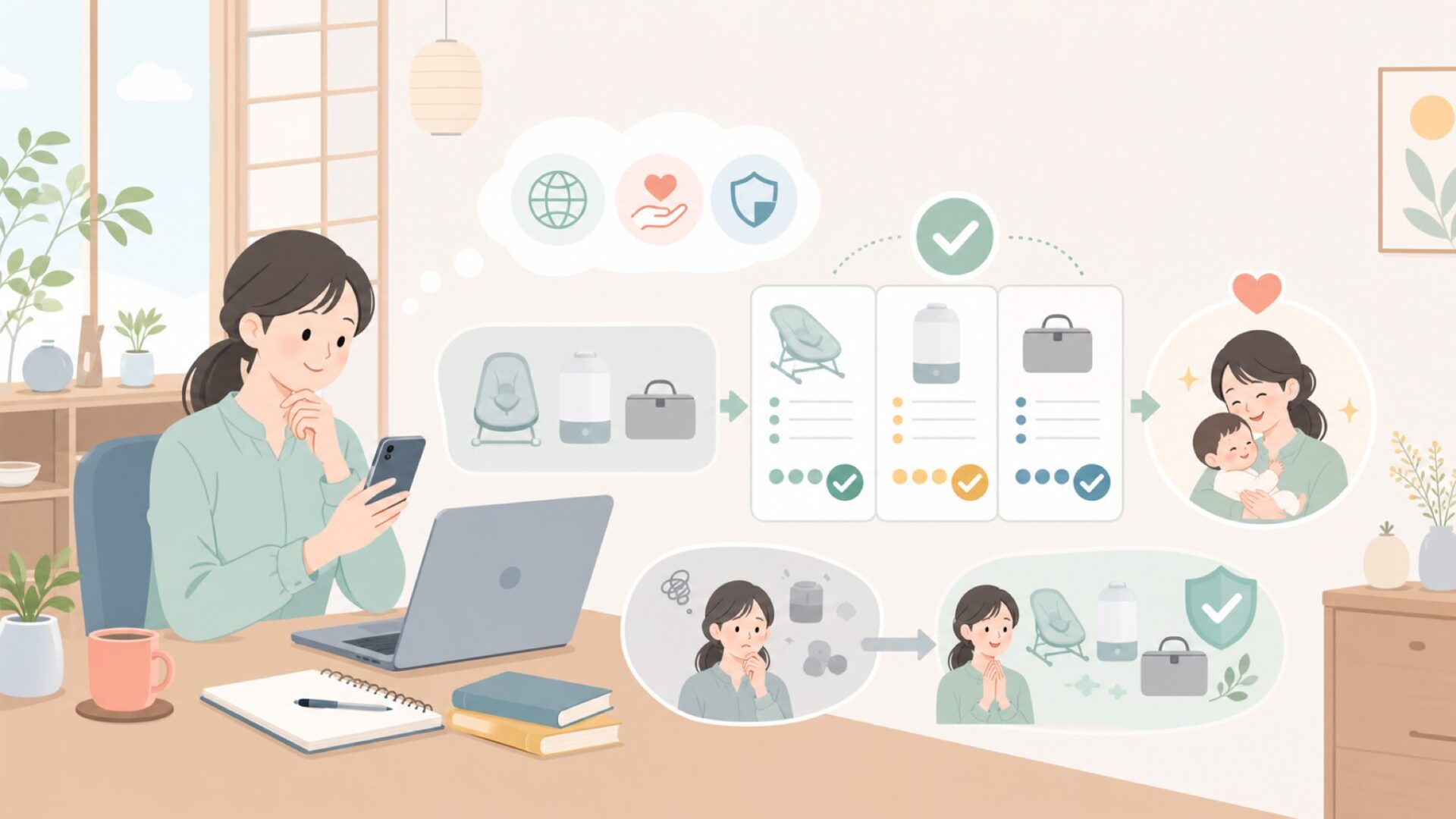 日本でBabymoovを選ぶ前に知っておきたいことを表すイラスト