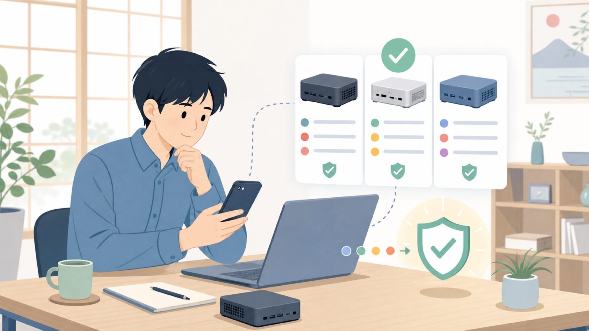 中華製ミニPCを選ぶときのチェックポイントを表すイラスト