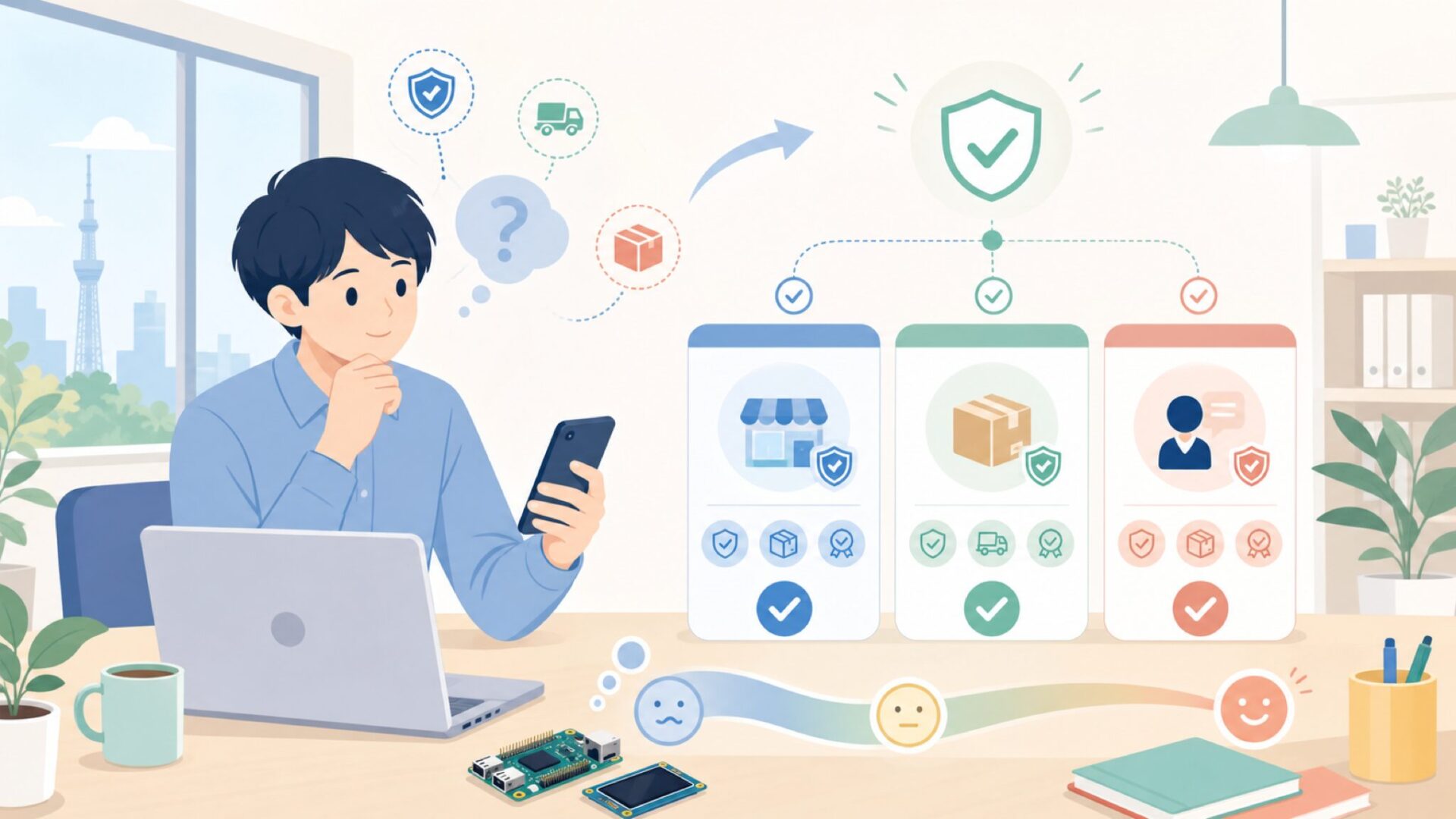 日本でWaveshare製品を安心して買う3つのルートを表すイラスト