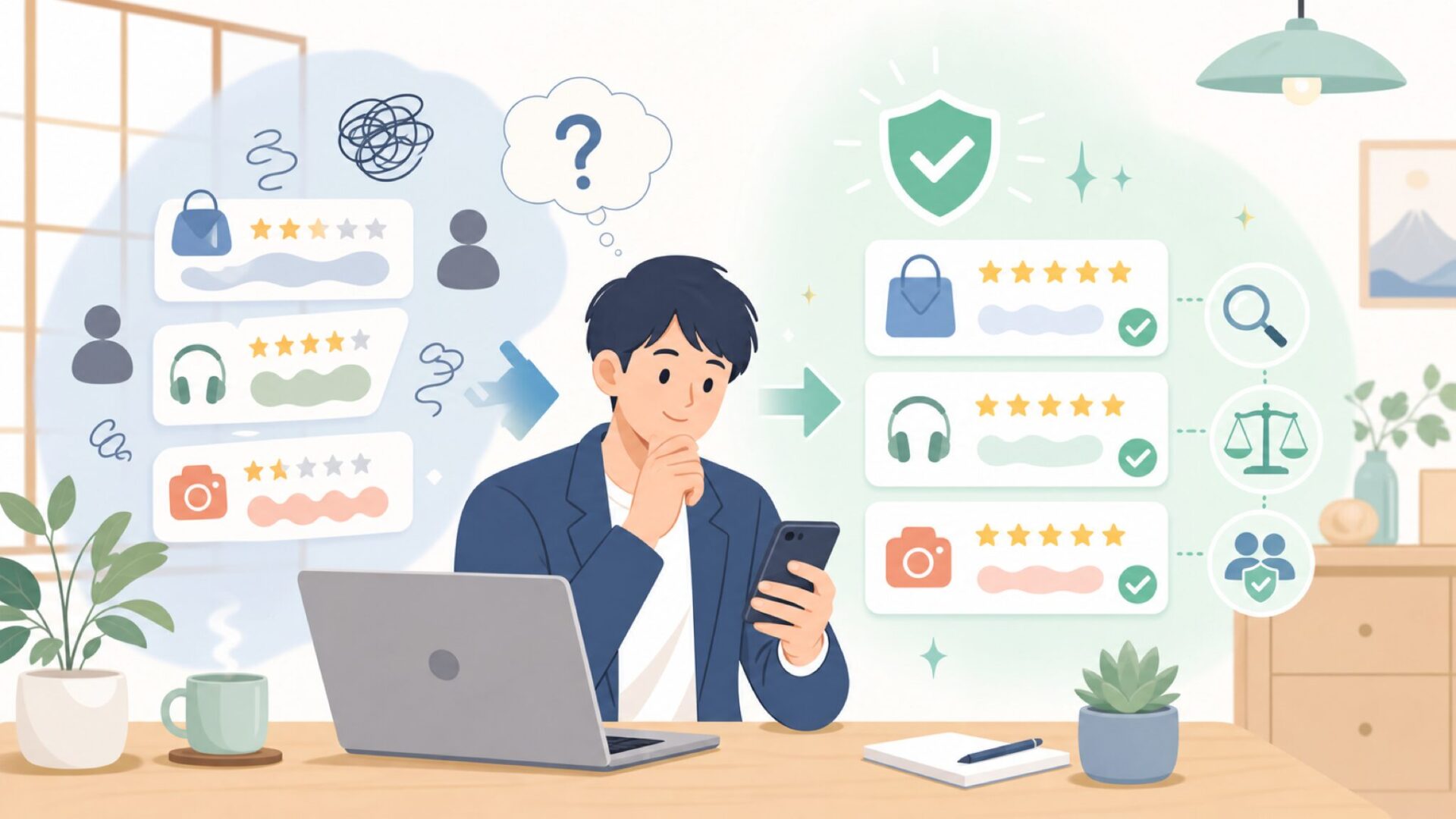 サクラ・やらせレビュー疑惑は大丈夫？見極め方を伝授を表すイラスト