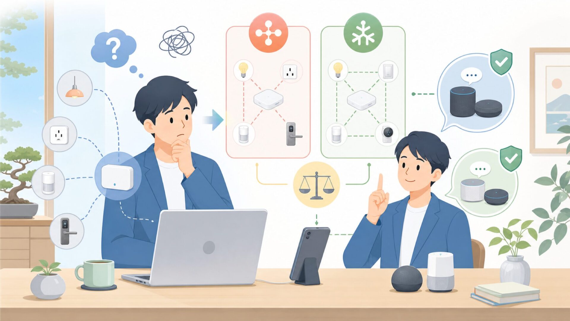 ThirdRealityの通信方式｜ZigbeeとMatter／Threadの違いと選び方を表すイラ