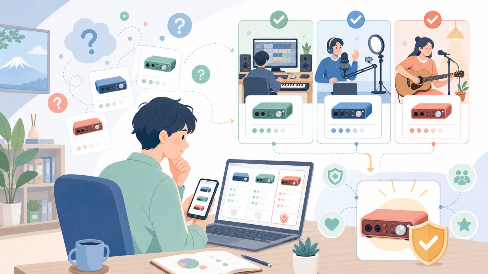 用途別に選ぶFocusrite——DTM・配信・弾き語りを表すイラスト