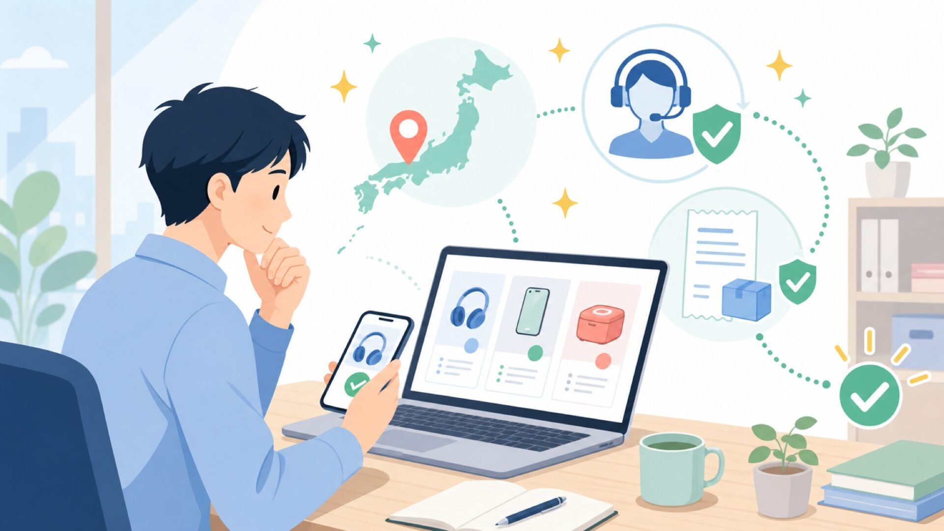 日本で買える？正規購入とサポートの安心材料を表すイラスト