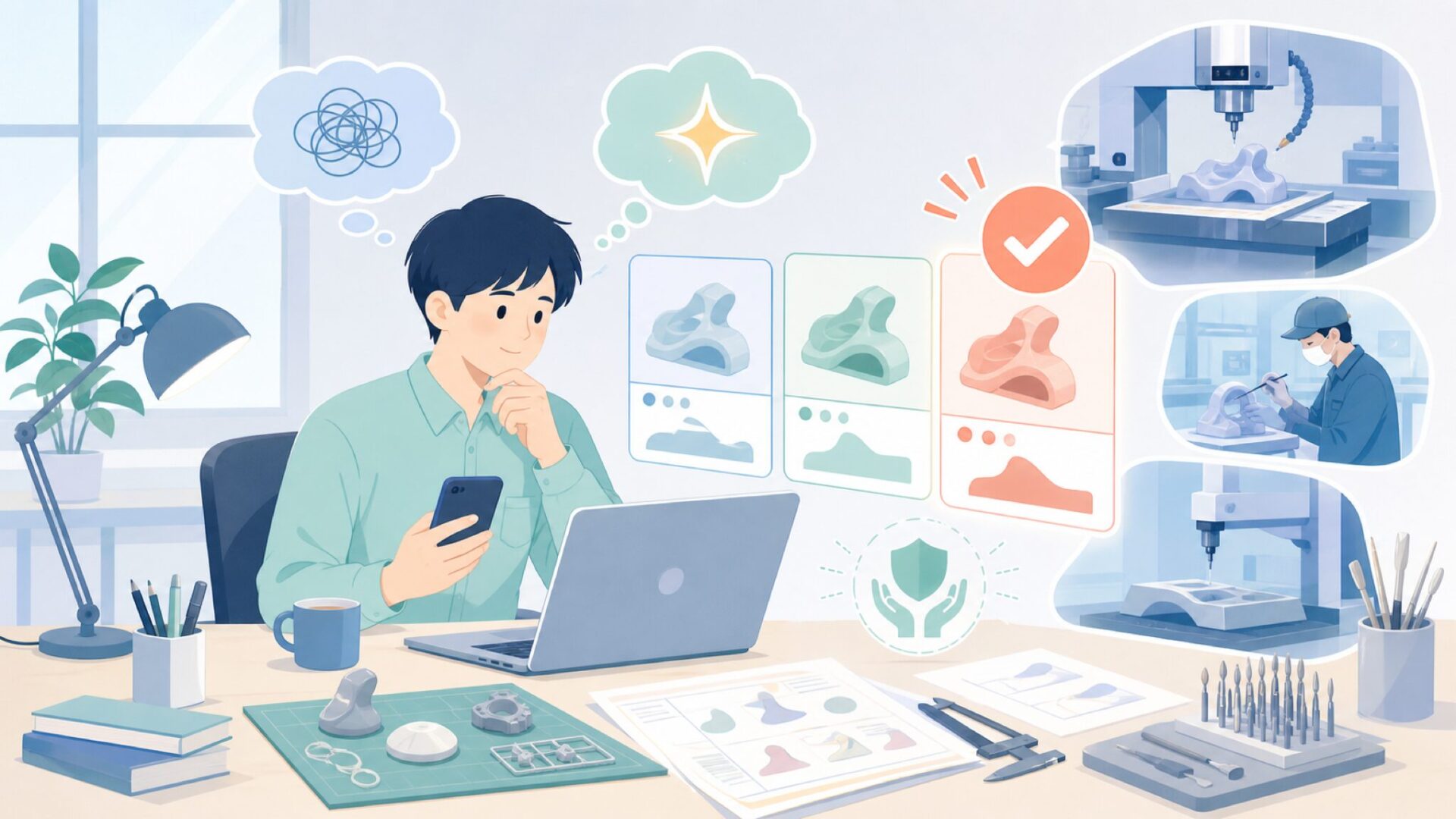 世界が認める造形技術と海洋堂を支える設備を表すイラスト