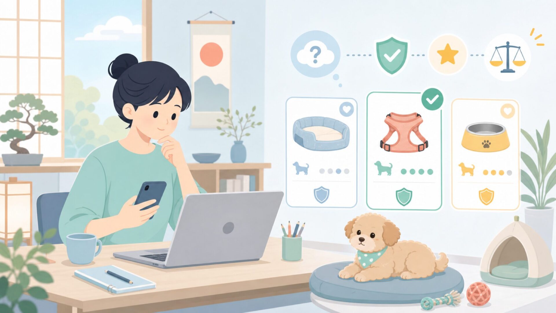 小型犬・子犬に合うアイテムの選び方を表すイラスト