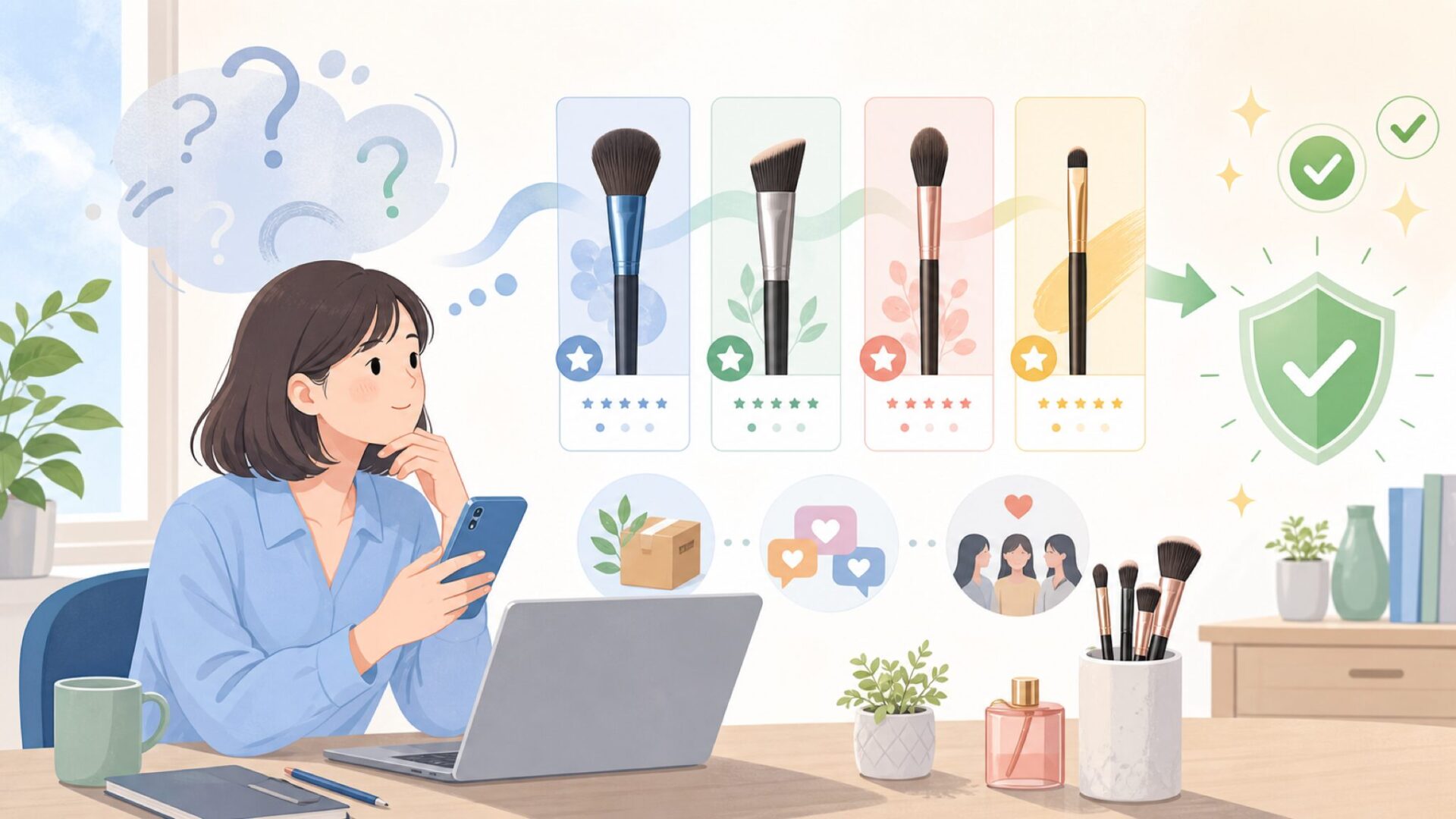 実力チェック！ベストセラーのメイクブラシ4選を表すイラスト
