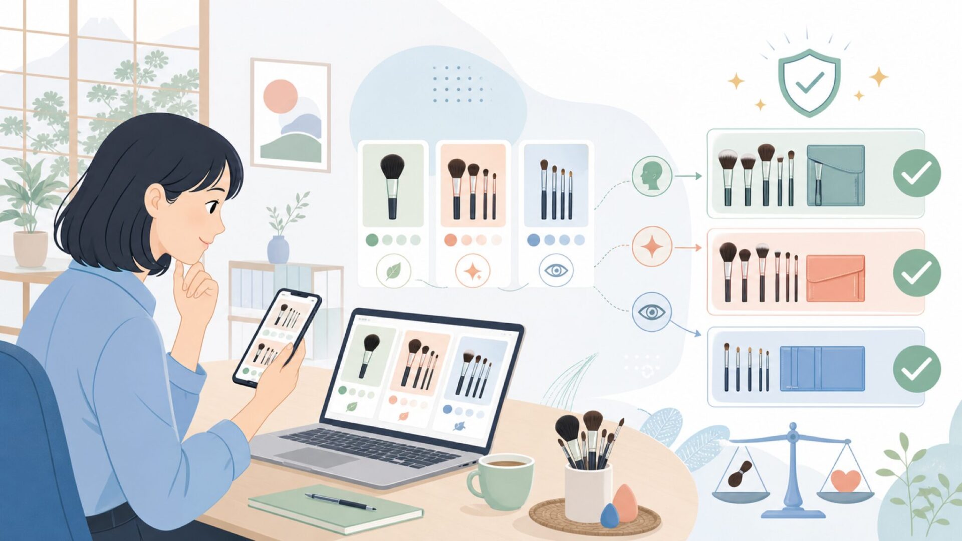 Sigma Beautyのブラシ、何から始める？用途別おすすめ完全ガイドを表すイラスト