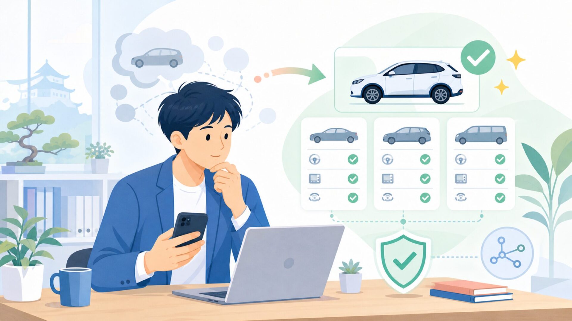 自分の車で使えるか — 対応車種と機能を確認するを表すイラスト