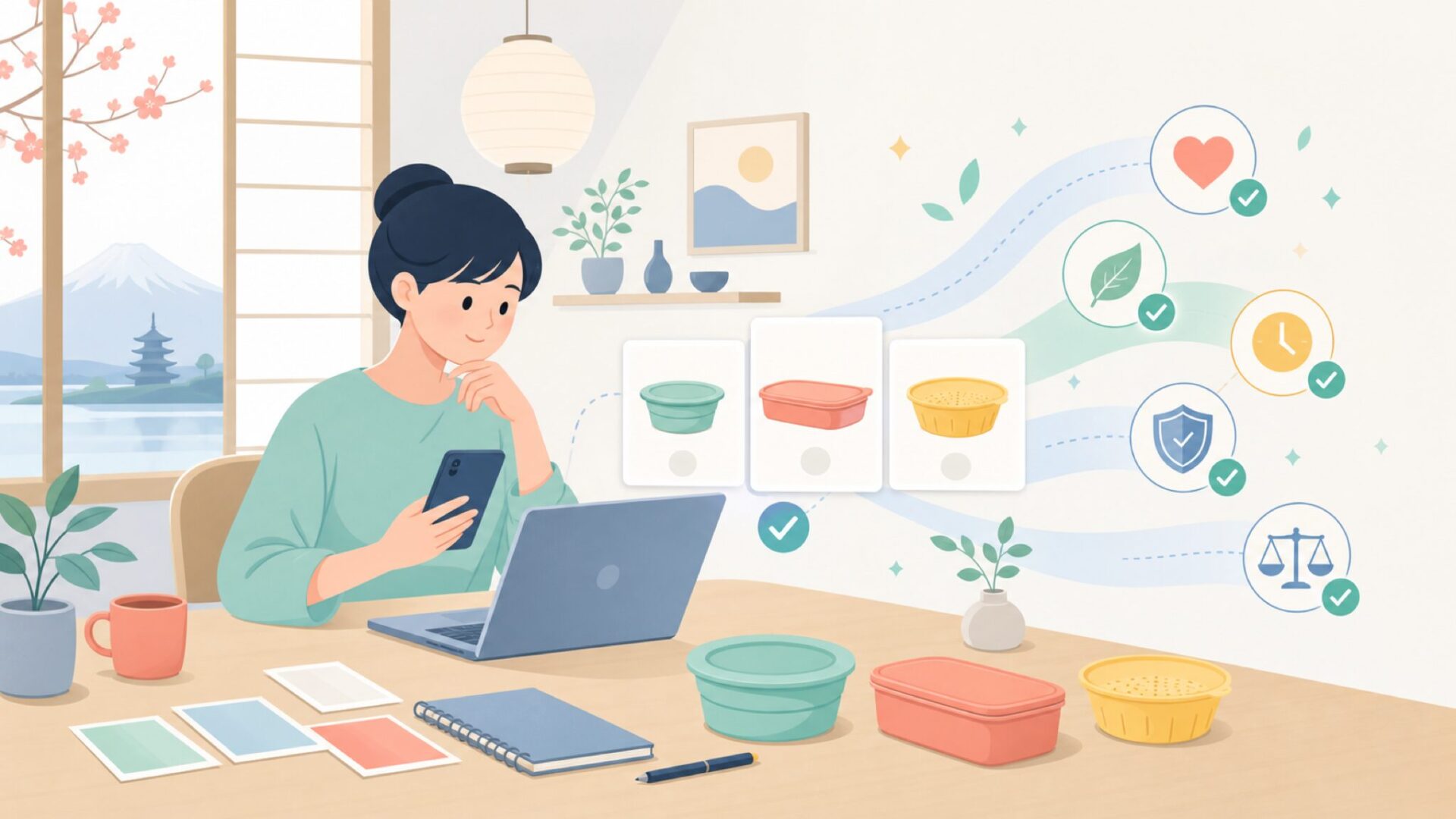 Lekueのブランド哲学——「健康・サステナブル・タイパ」へのこだわりを表すイラスト