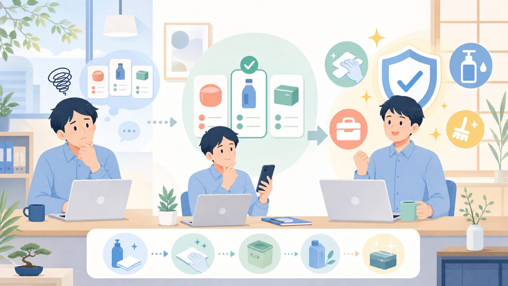 実際の使い方とお手入れを表すイラスト