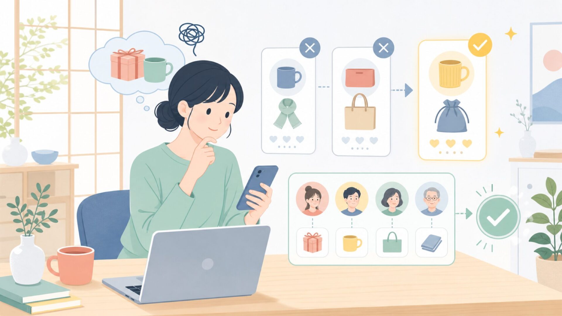 ギフト・日常使いで後悔しない選び方を表すイラスト