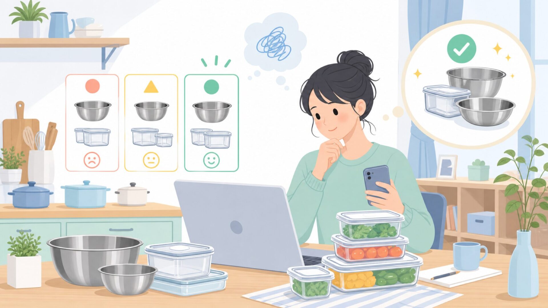 GEFUの人気商品②〜ステンレスボウルと保存容器でキッチンが整うを表すイラスト