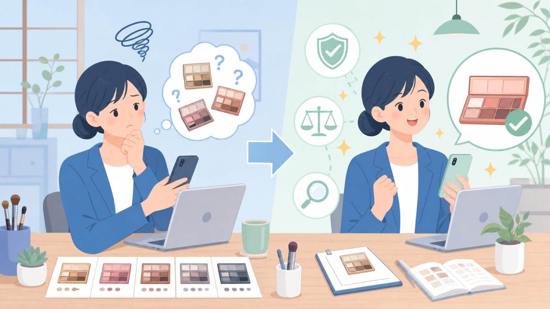 W7人気No.1のアイシャドウパレット、どれを選べばいい？を表すイラスト