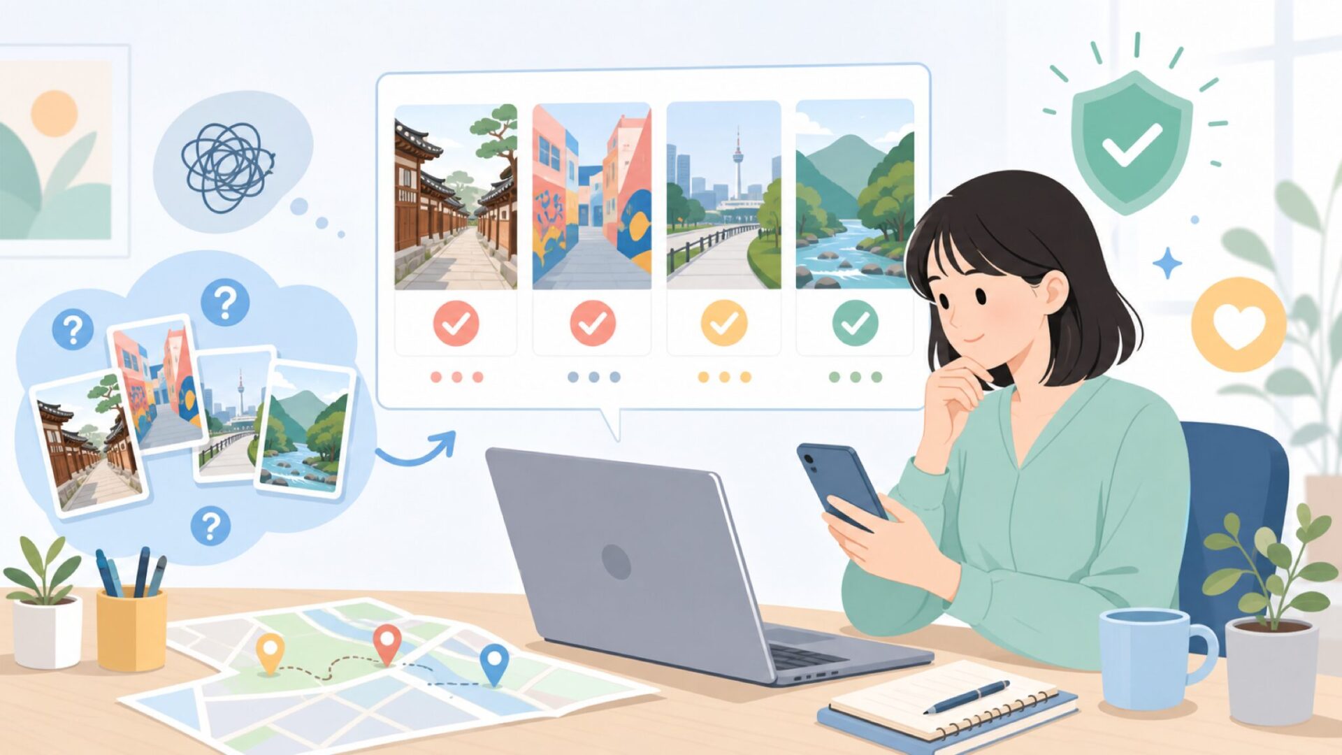 大邱で絶対行きたい観光スポット——街歩きから自然までを表すイラスト