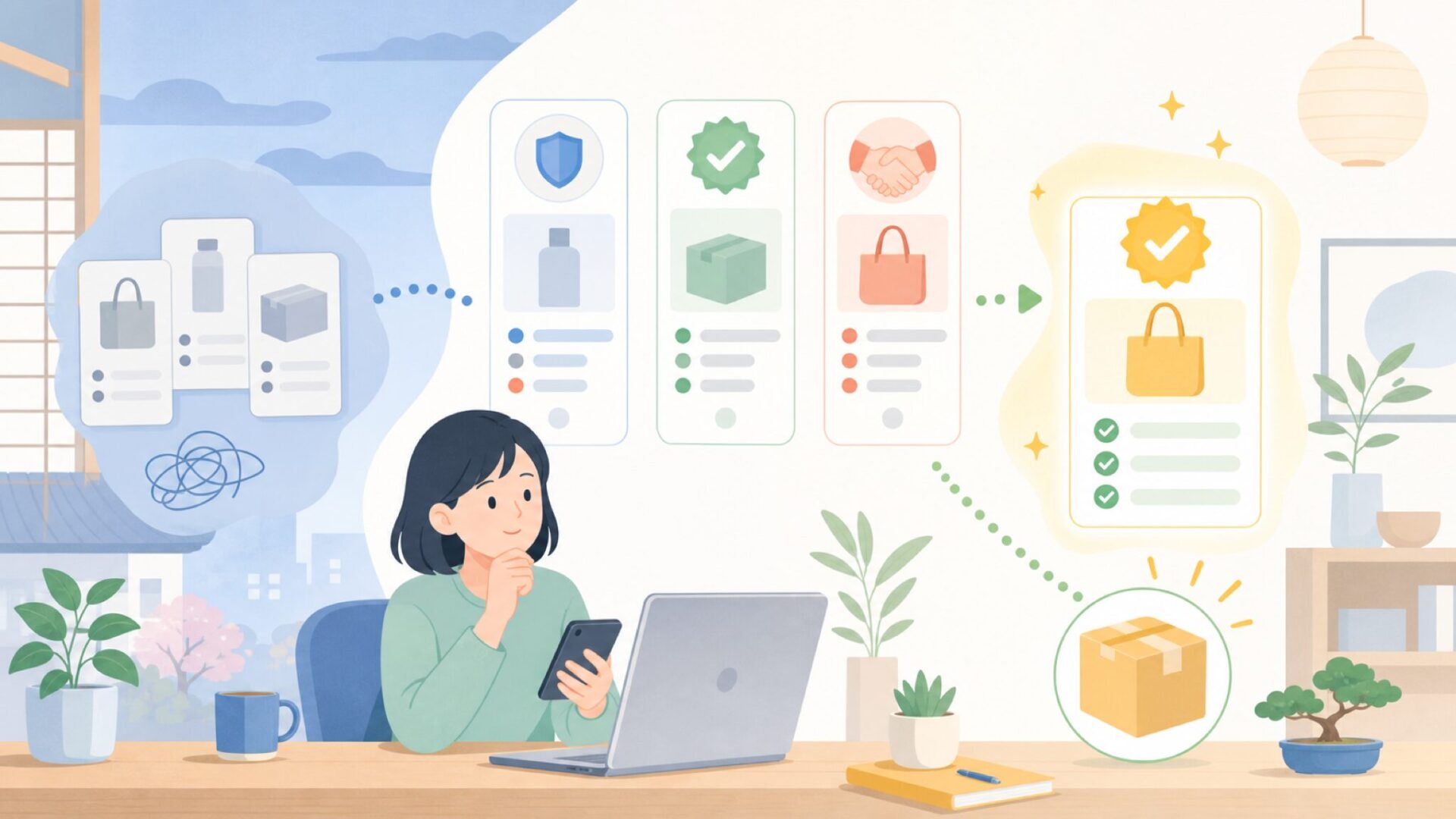 どこで買うのが正解？購入前に確認したい3つのことを表すイラスト