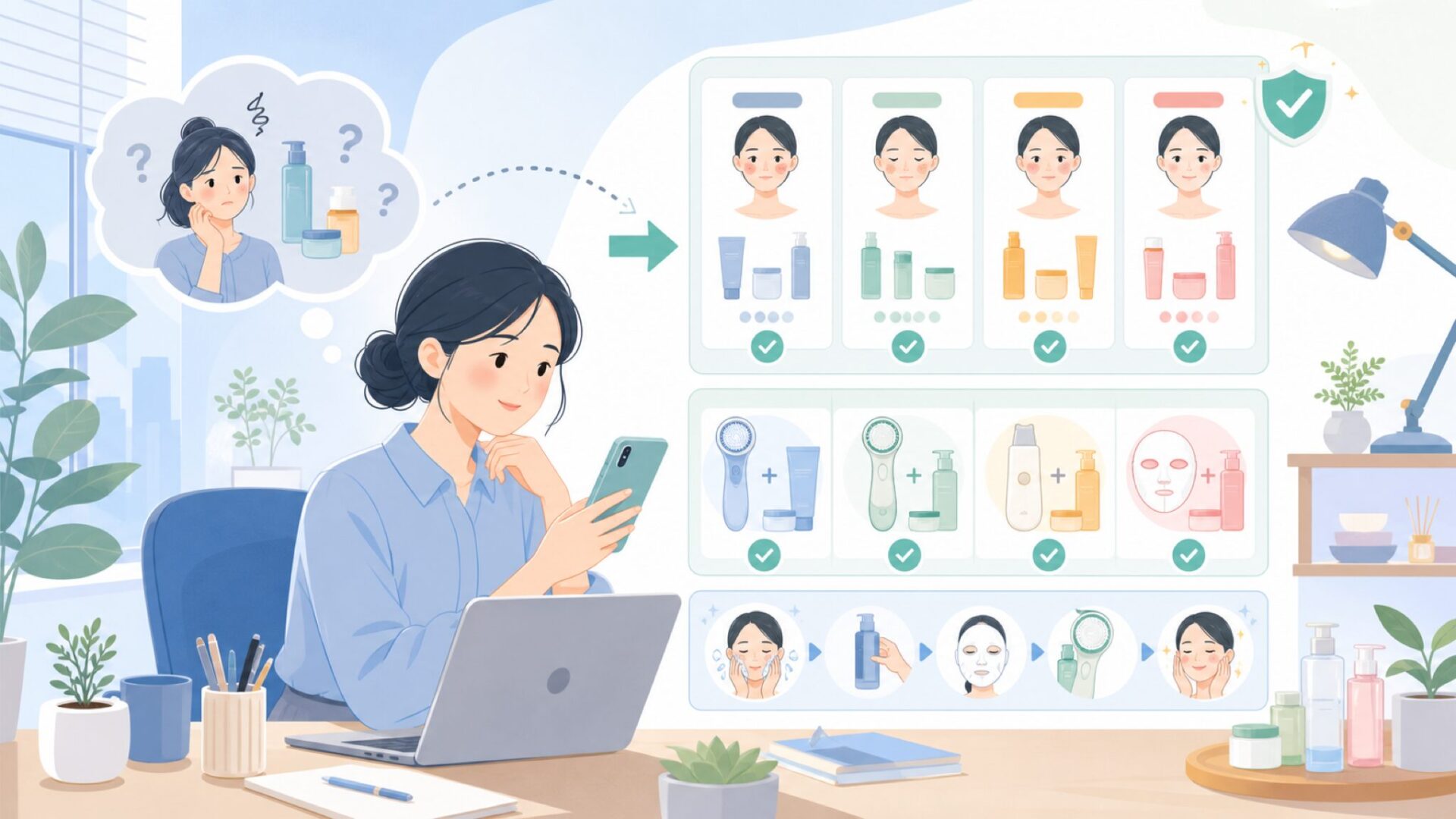 スキンケアラインと肌悩み別の選び方を表すイラスト