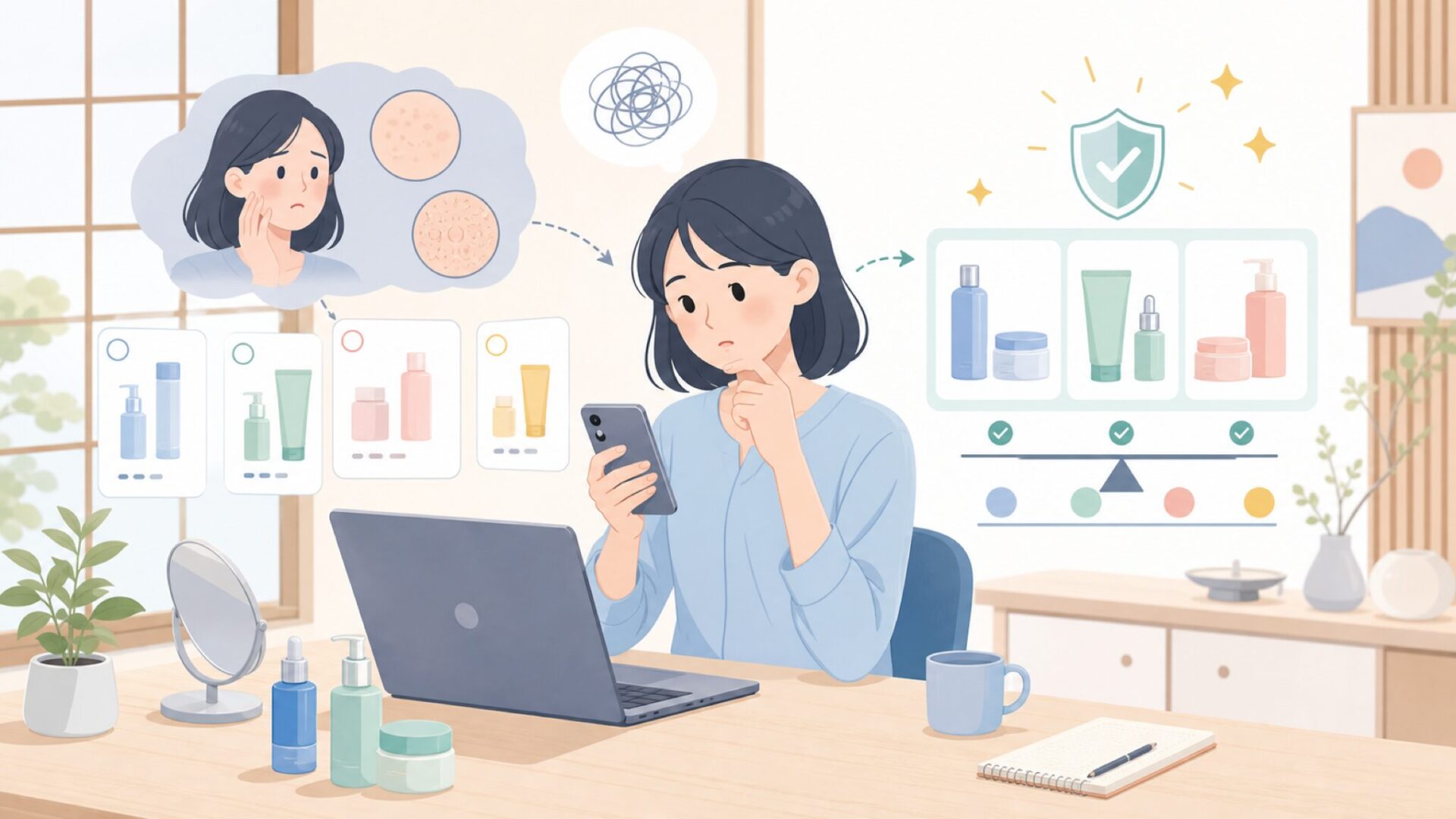 くすみ・毛穴ケアなら「CELMAIZING」シリーズという選択肢を表すイラスト