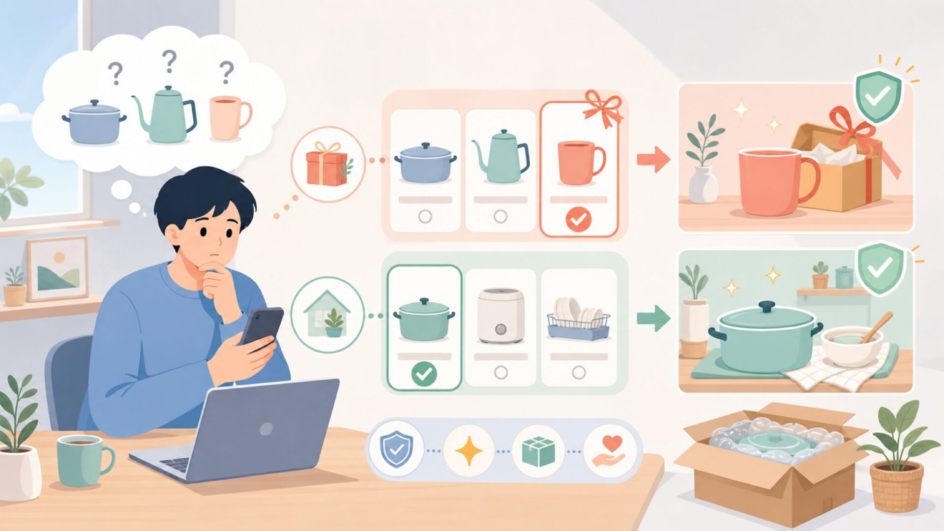 Ghidiniをプレゼントや自宅用に選ぶときの判断基準を表すイラスト