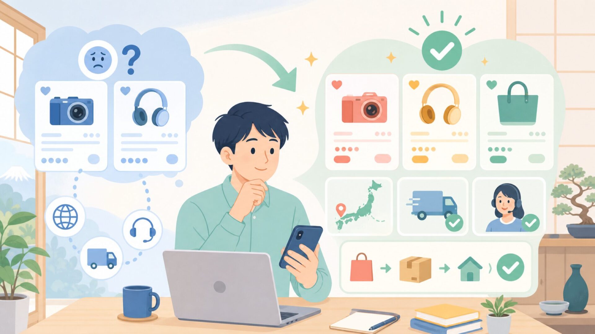 日本で購入する方法と費用感を表すイラスト