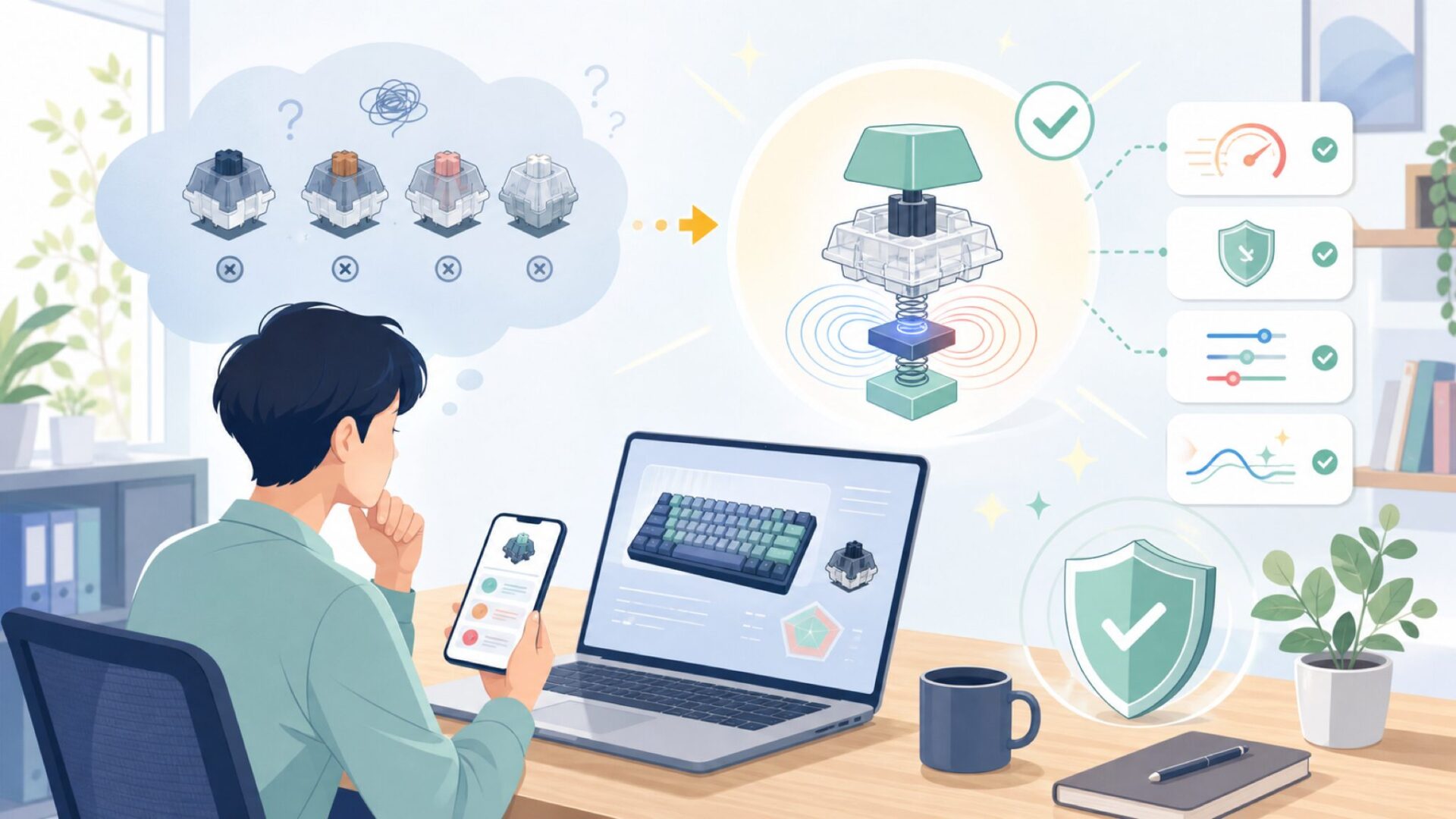 VXEが技術で差をつけるHEキースイッチの仕組みと優位性を表すイラスト