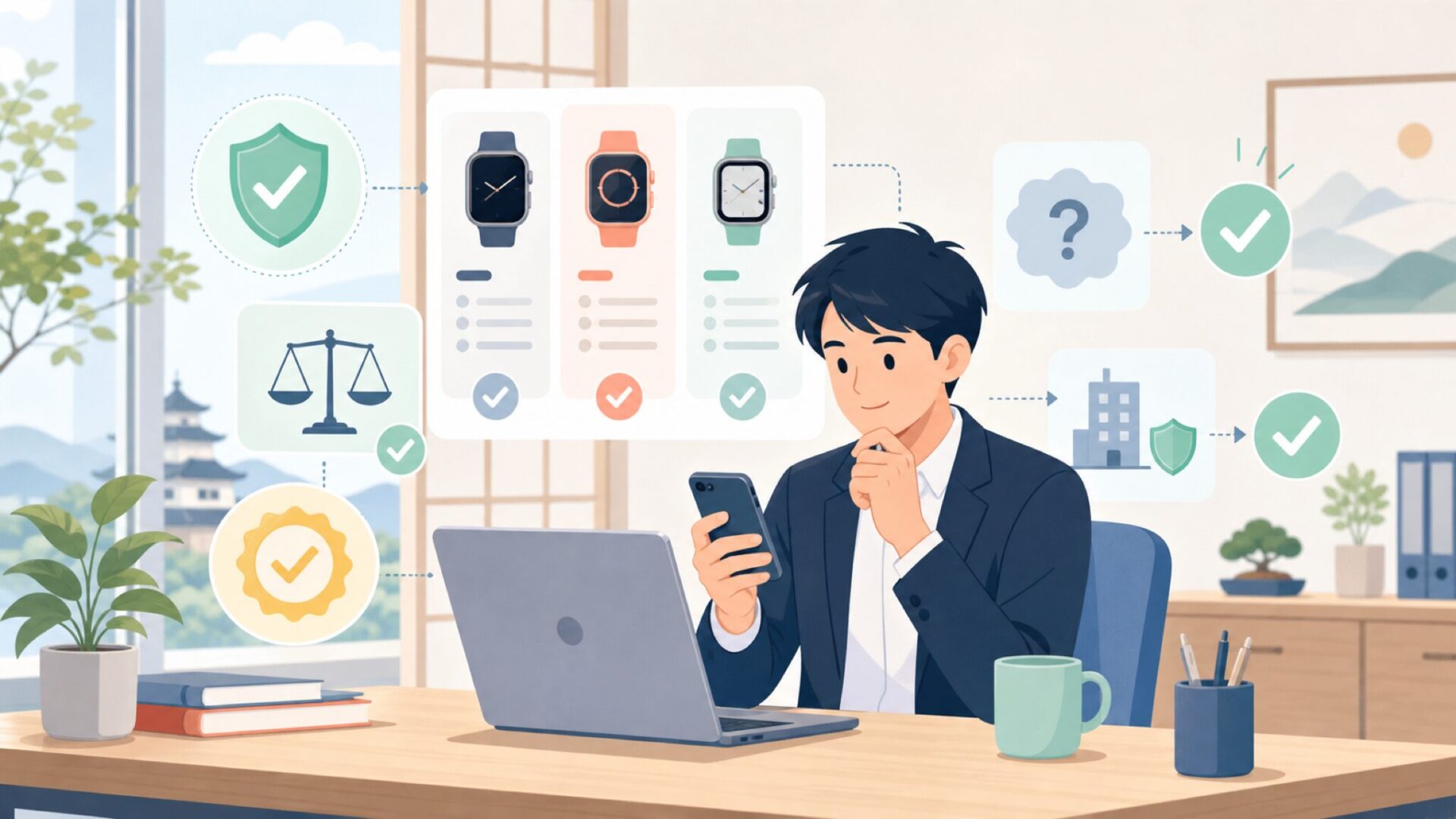TicWatchのスペック比較と機種選びガイドを表すイラスト