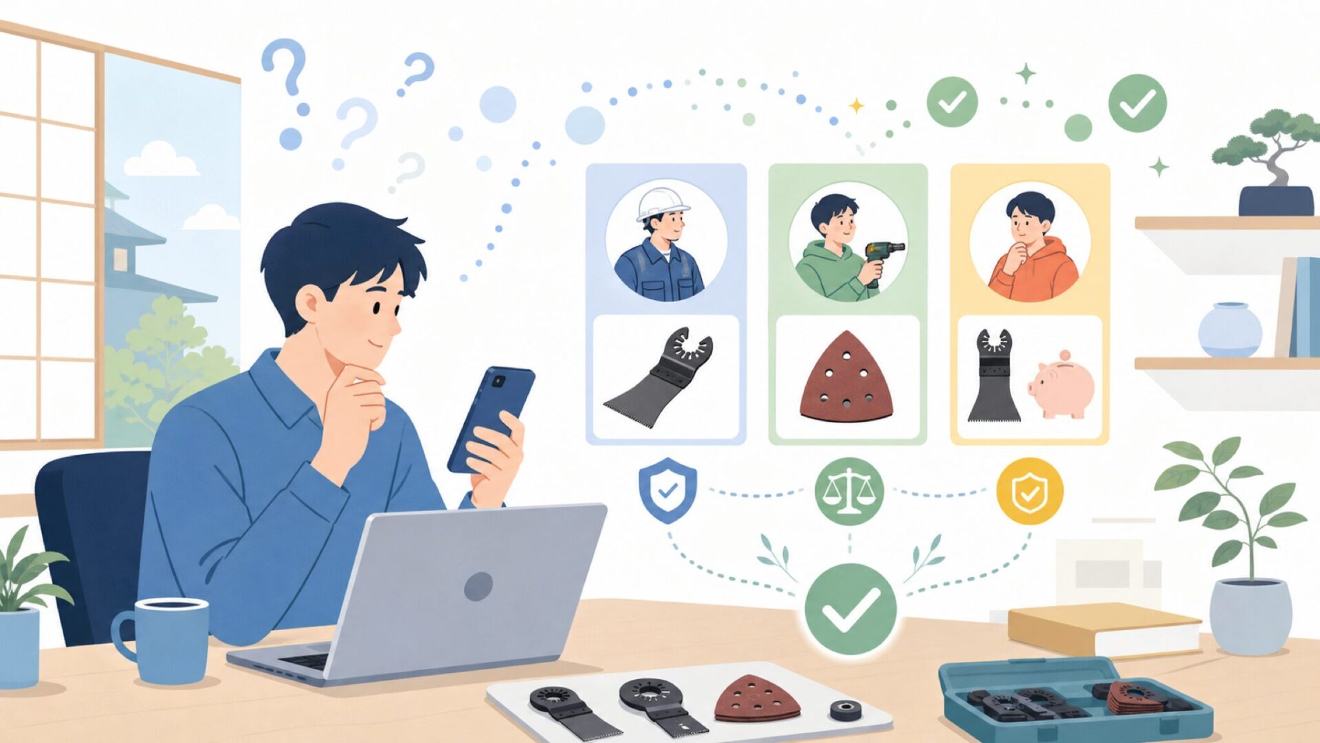 失敗しないマキタアクセサリーの選び方【用途別】を表すイラスト