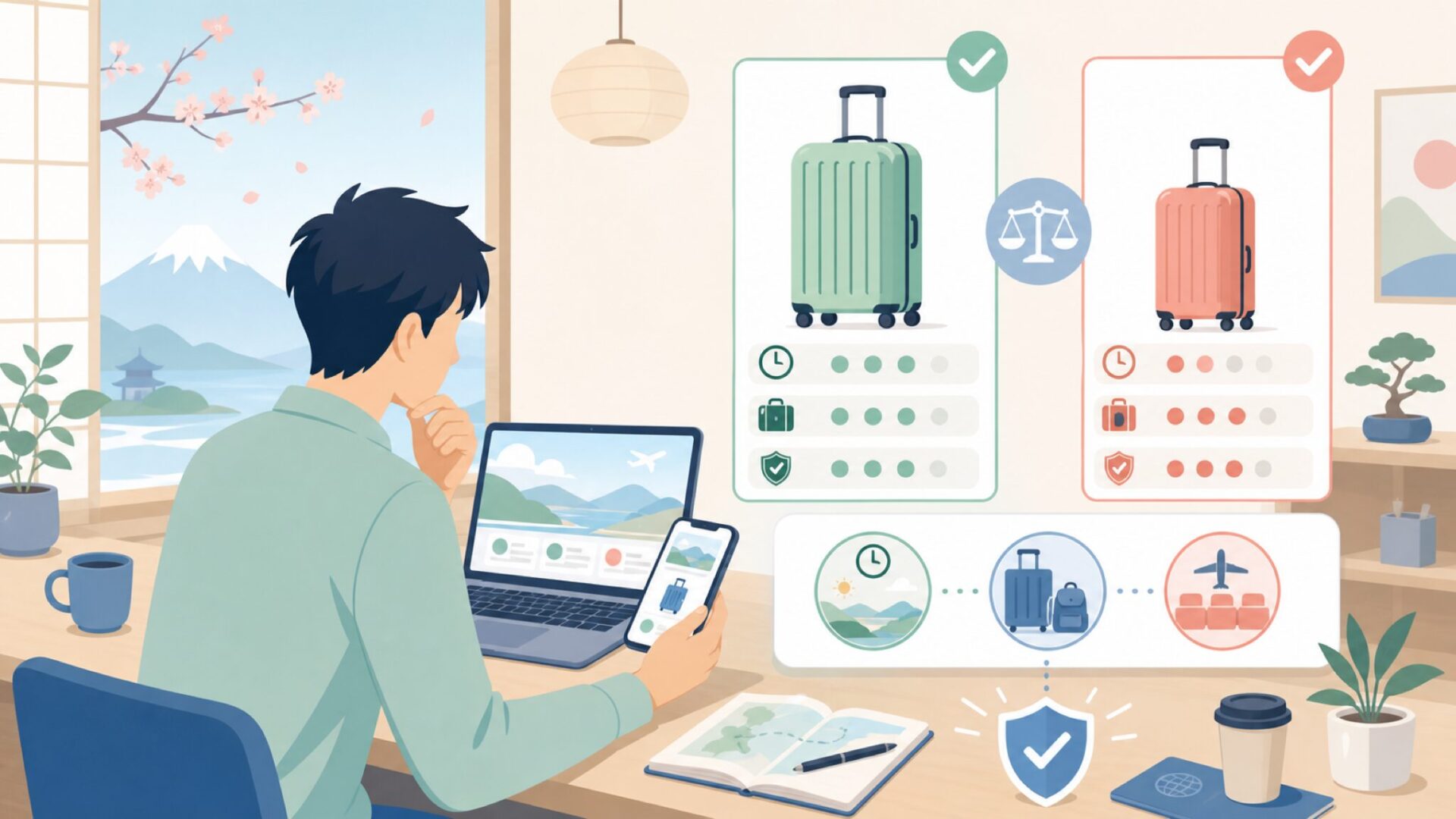 旅のスタイルで考えるサイズの選び方を表すイラスト