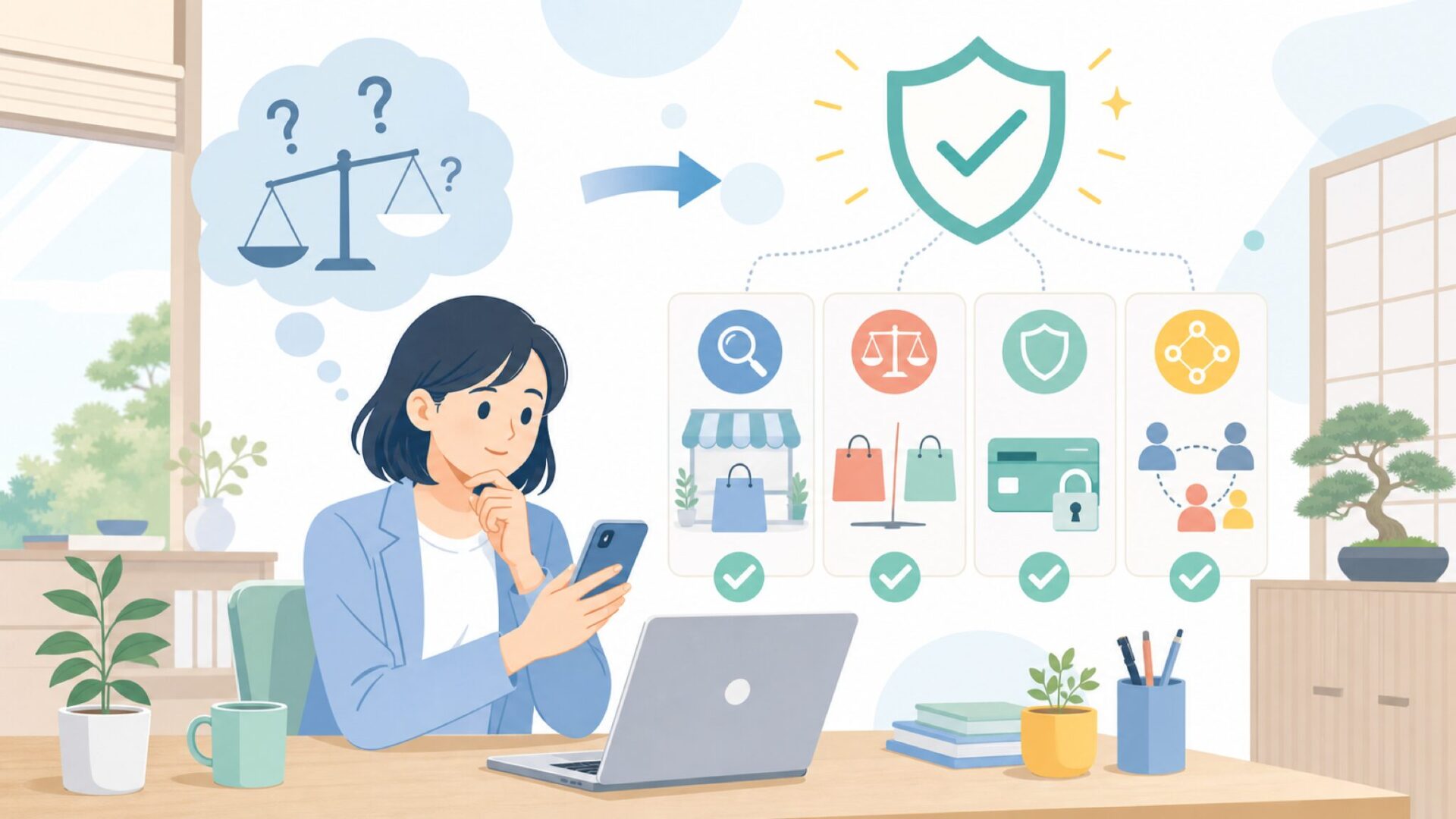 HOIBAIは信頼できる？購入リスクを測る4つの判断基準を表すイラスト