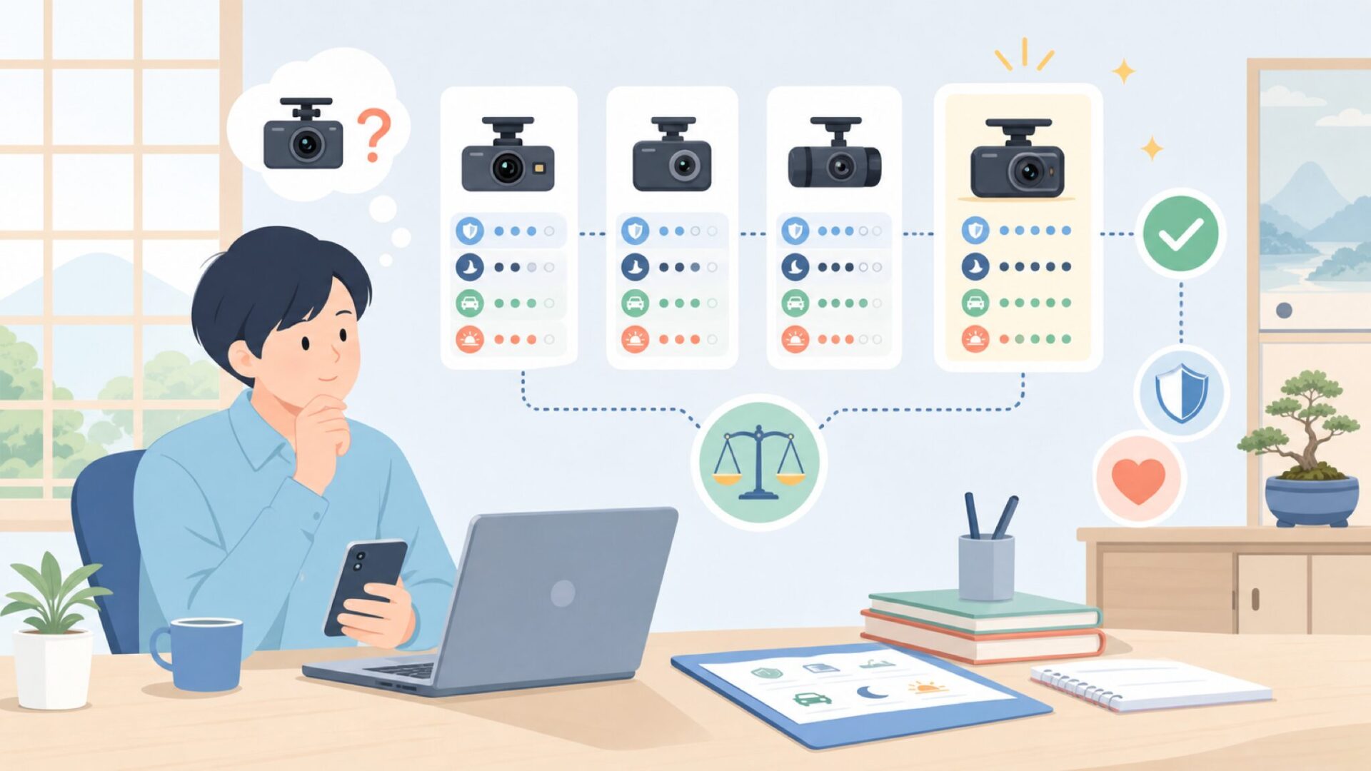 IIWEYと他の格安ドラレコを比較して損しない選び方を表すイラスト