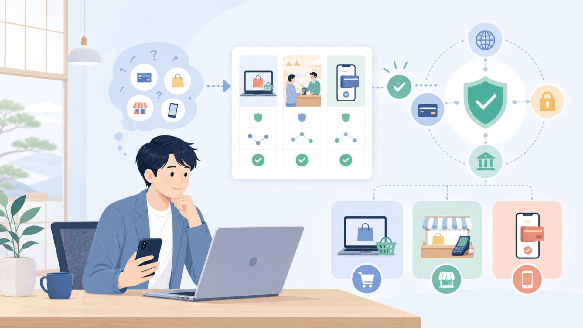 Adyenを利用できる場面 — オンライン・店舗・アプリを表すイラスト