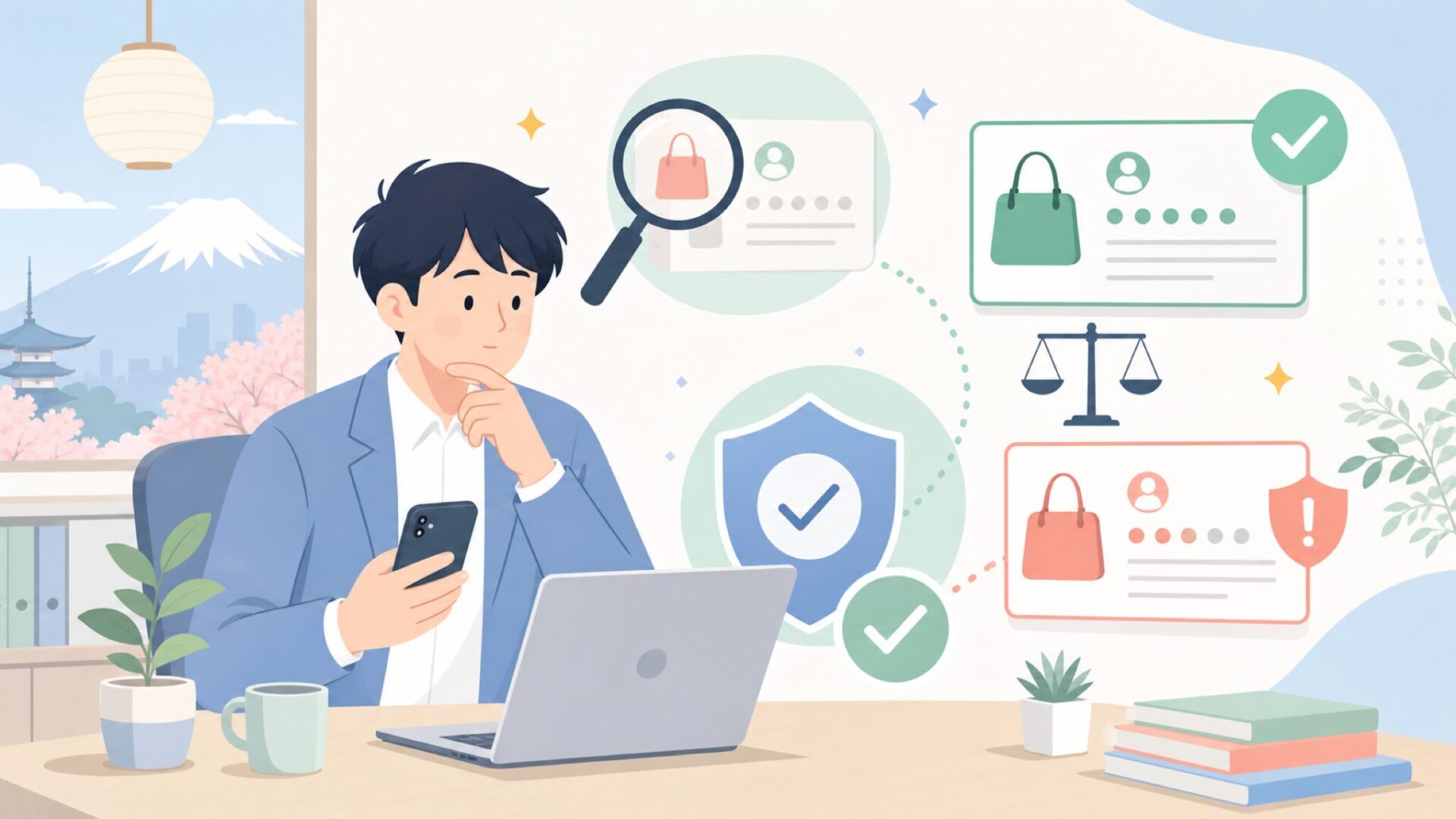 Amazonの高評価はサクラ？レビューを見抜く5つの視点を表すイラスト