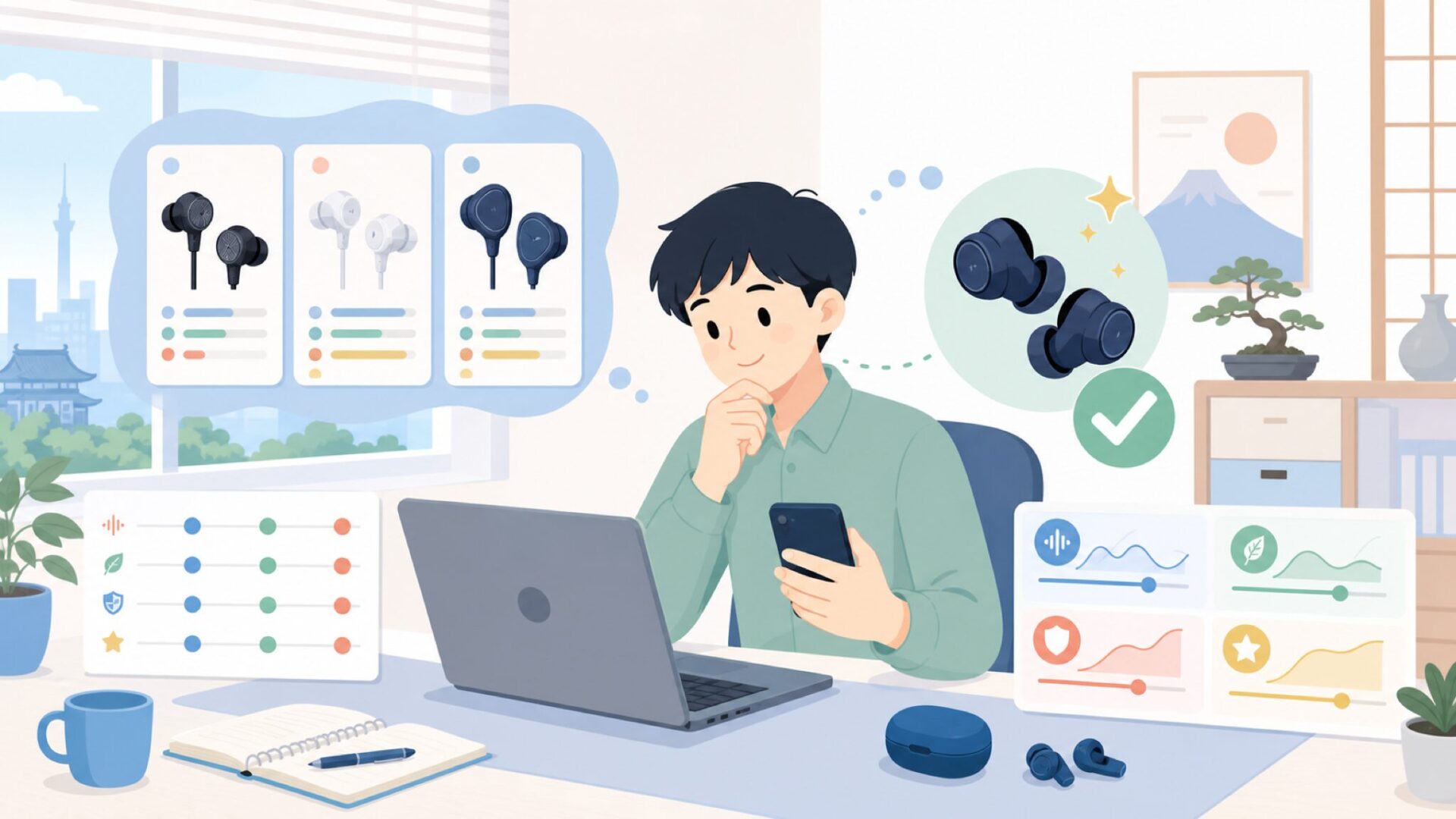 Whizzerと同価格帯の中華イヤホンを比較して損しない選び方を表すイラスト