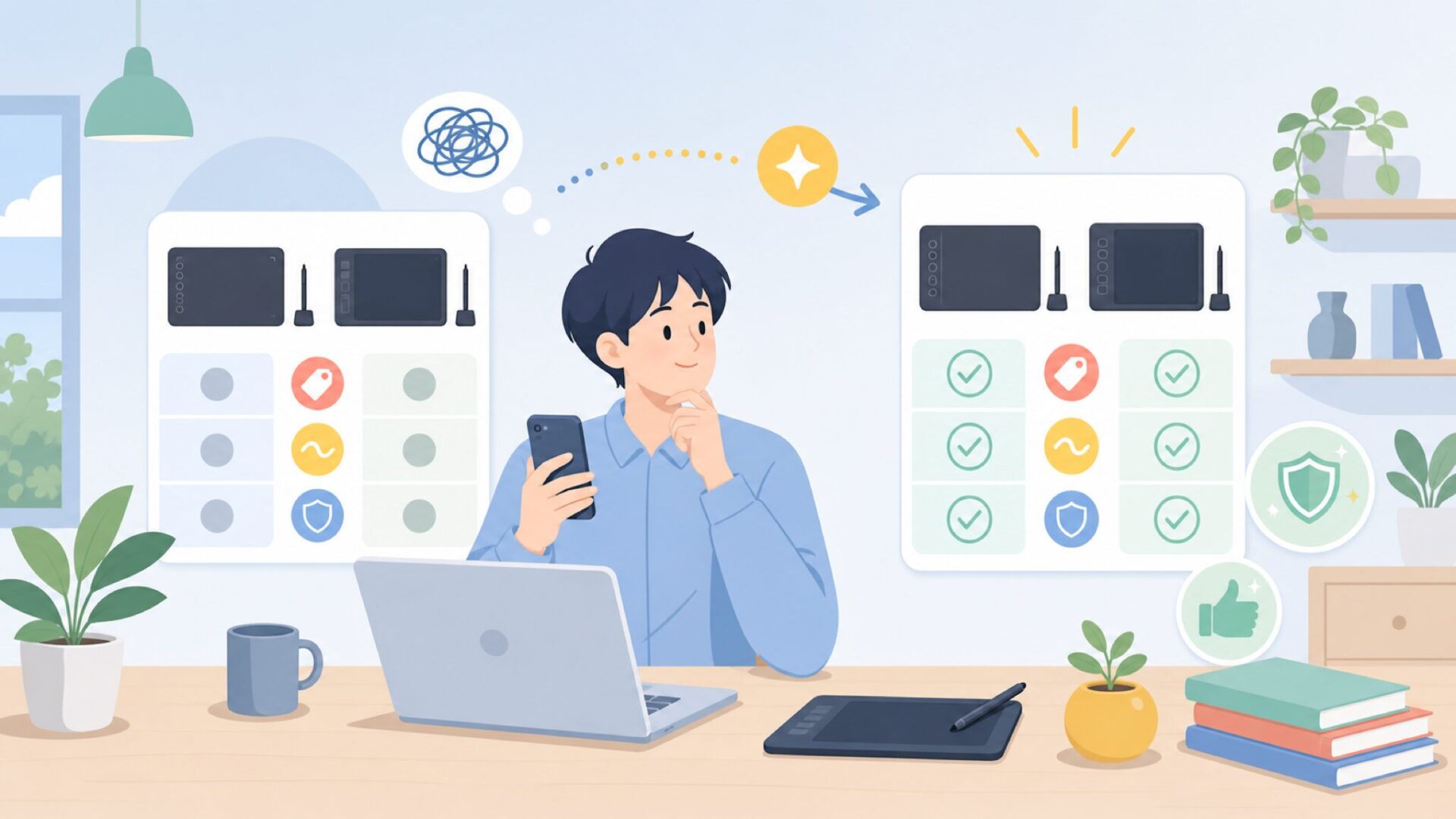 XPPenとワコムを比較！価格・描き心地・安心感のどれを取る？を表すイラスト