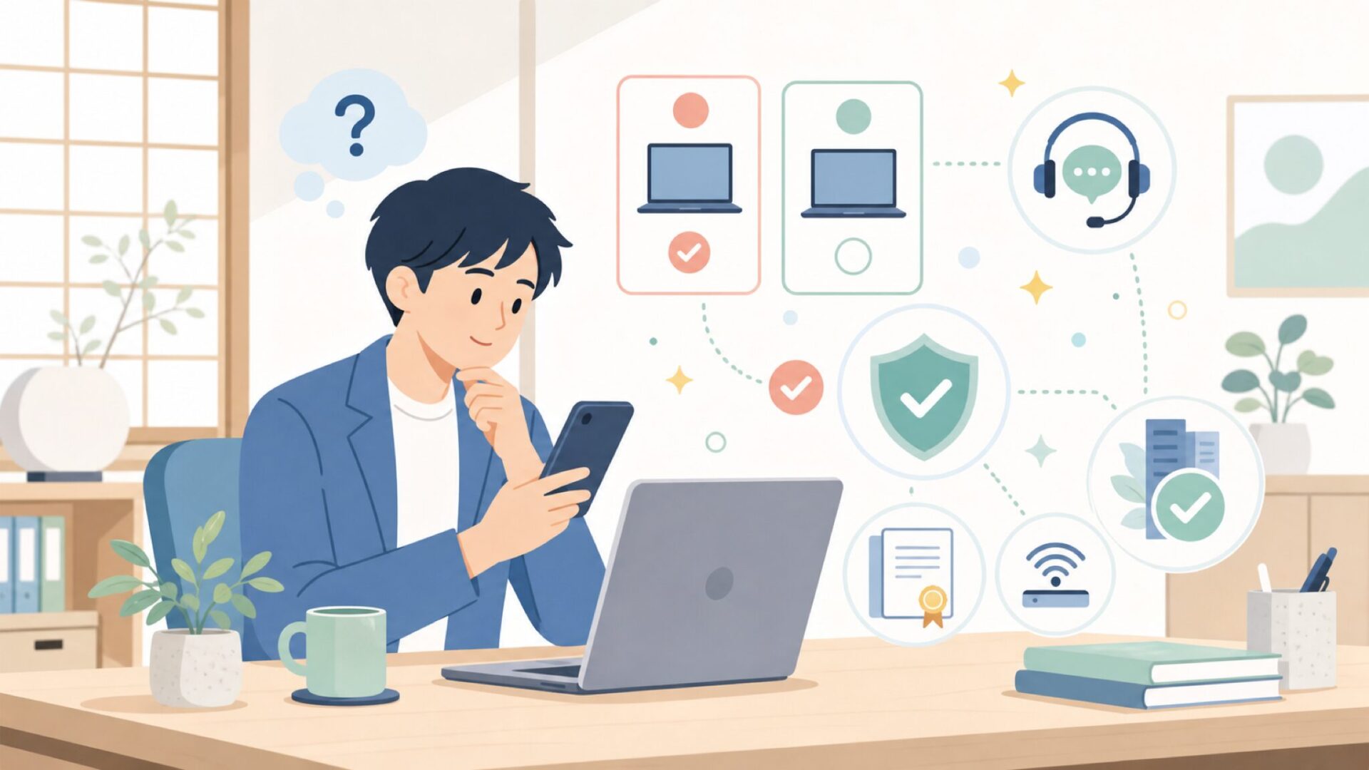 保証・日本語サポート・技適｜買った後で困らないかを表すイラスト