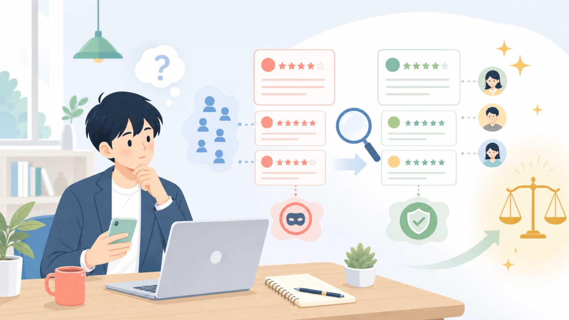 口コミ・評判は信頼できる？サクラレビューの見抜き方を表すイラスト