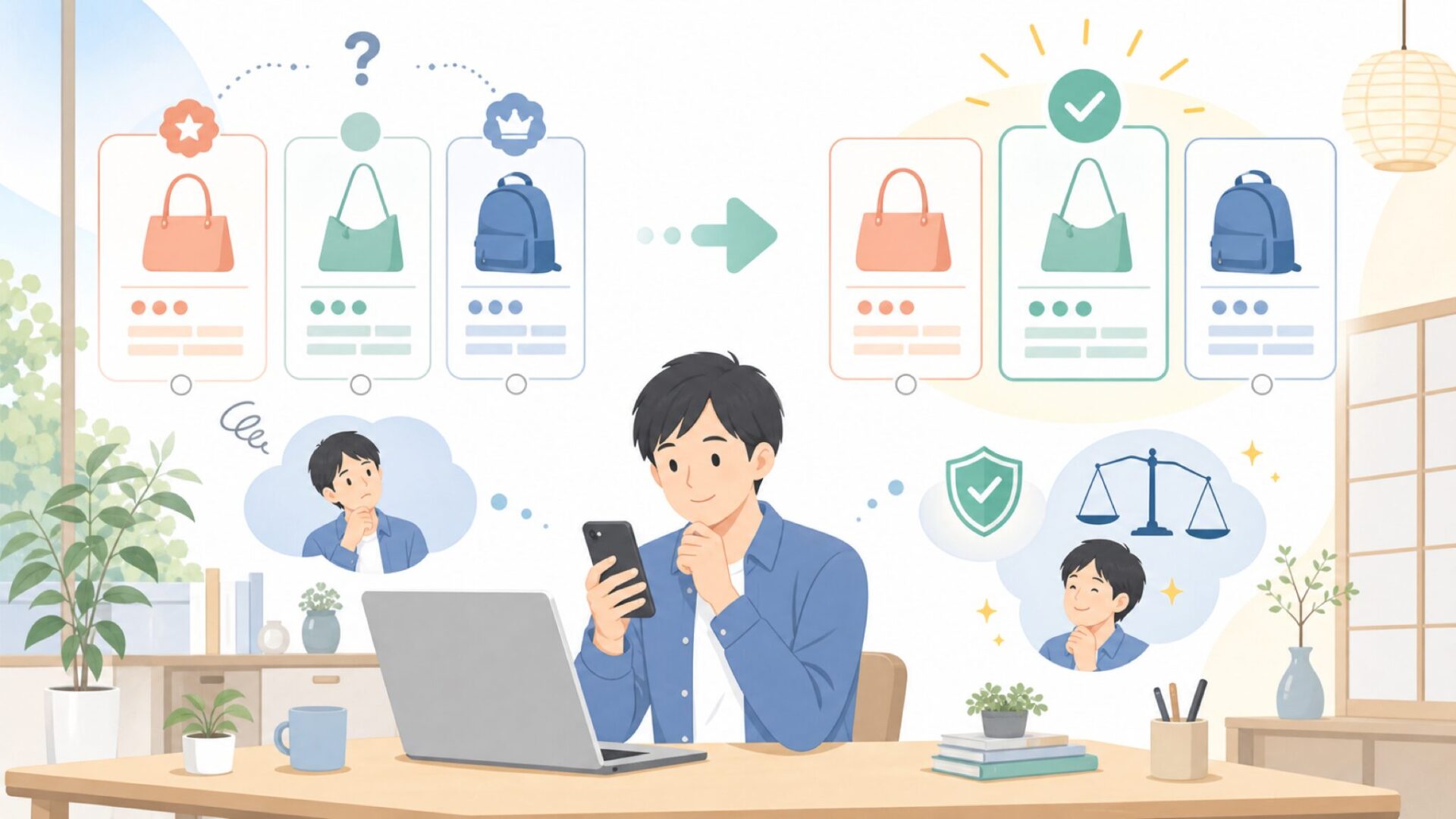 有名ブランドと比べて損しない？同価格帯との比較を表すイラスト